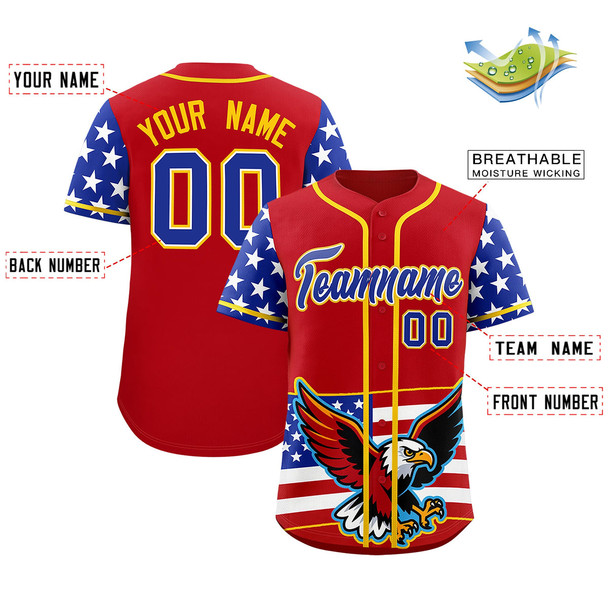 Custom Red Royal Blue White American Flag Graffiti Pattern Split Fashion Independence Day Stretch Fabric Baseball Jersey| KXKSHOP