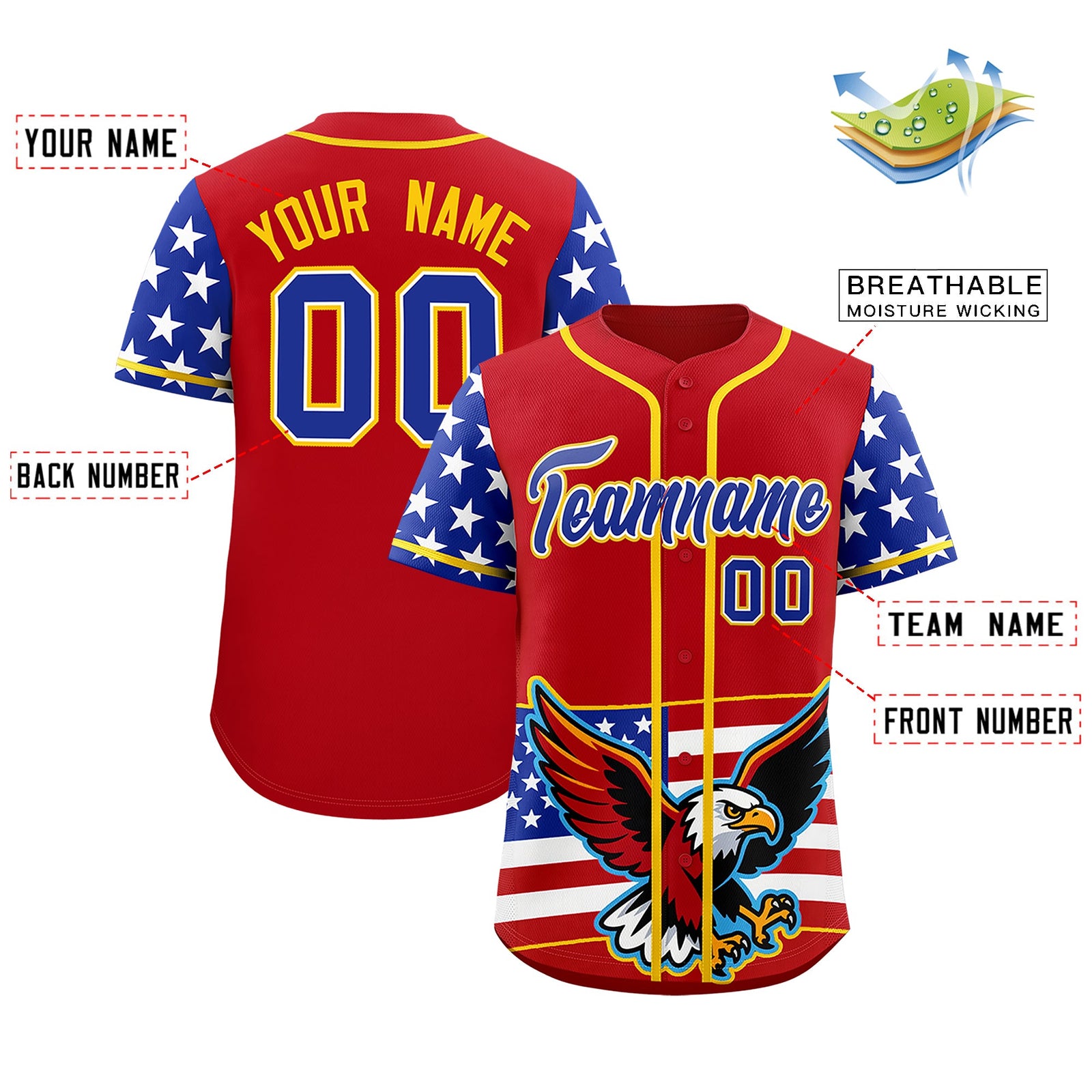 Custom Red Royal Blue White American Flag Graffiti Pattern Split Fashion Independence Day Stretch Fabric Baseball Jersey| KXKSHOP