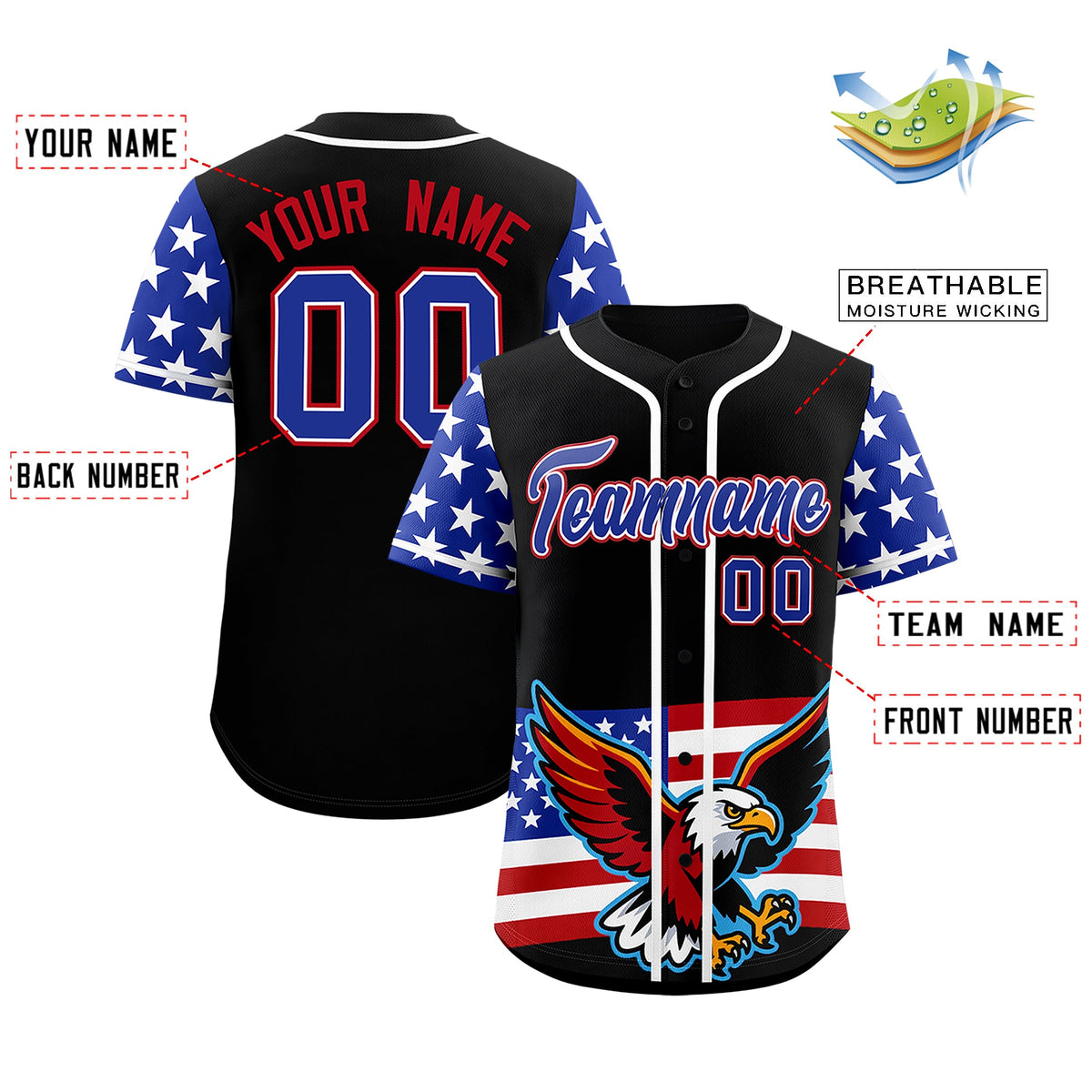 Custom Black Royal Blue White American Flag Graffiti Pattern Split Fashion Independence Day Stretch Fabric Baseball Jersey| KXKSHOP