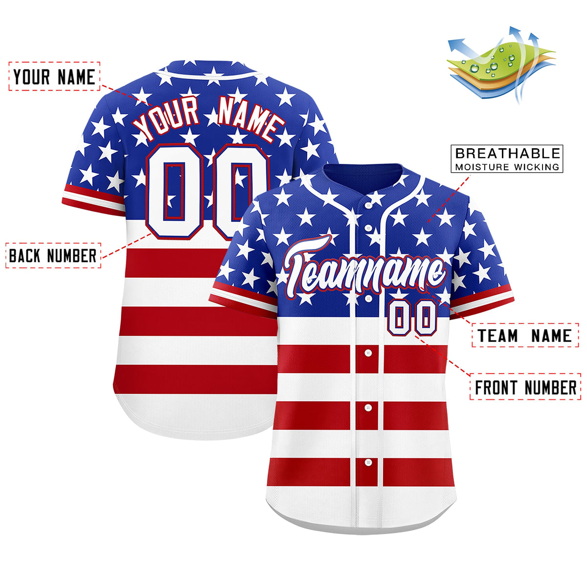 Custom Royal Blue Red White American Flag Graffiti Pattern Split Fashion Independence Day Quick Dry Baseball Jersey| KXKSHOP