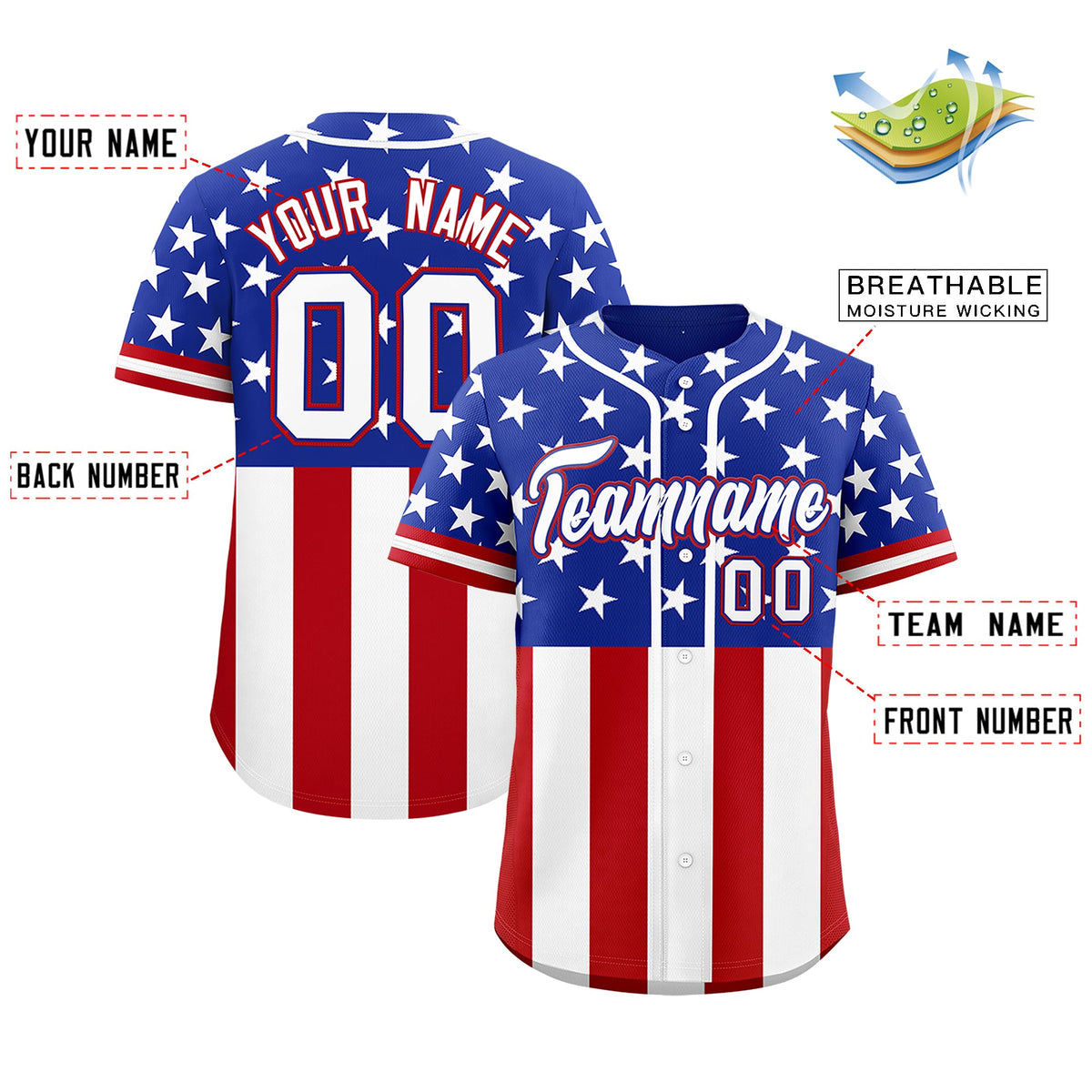 Custom Royal Blue Red White American Flag Graffiti Pattern Split Fashion Independence Day Stretch Fabric Baseball Jersey| KXKSHOP