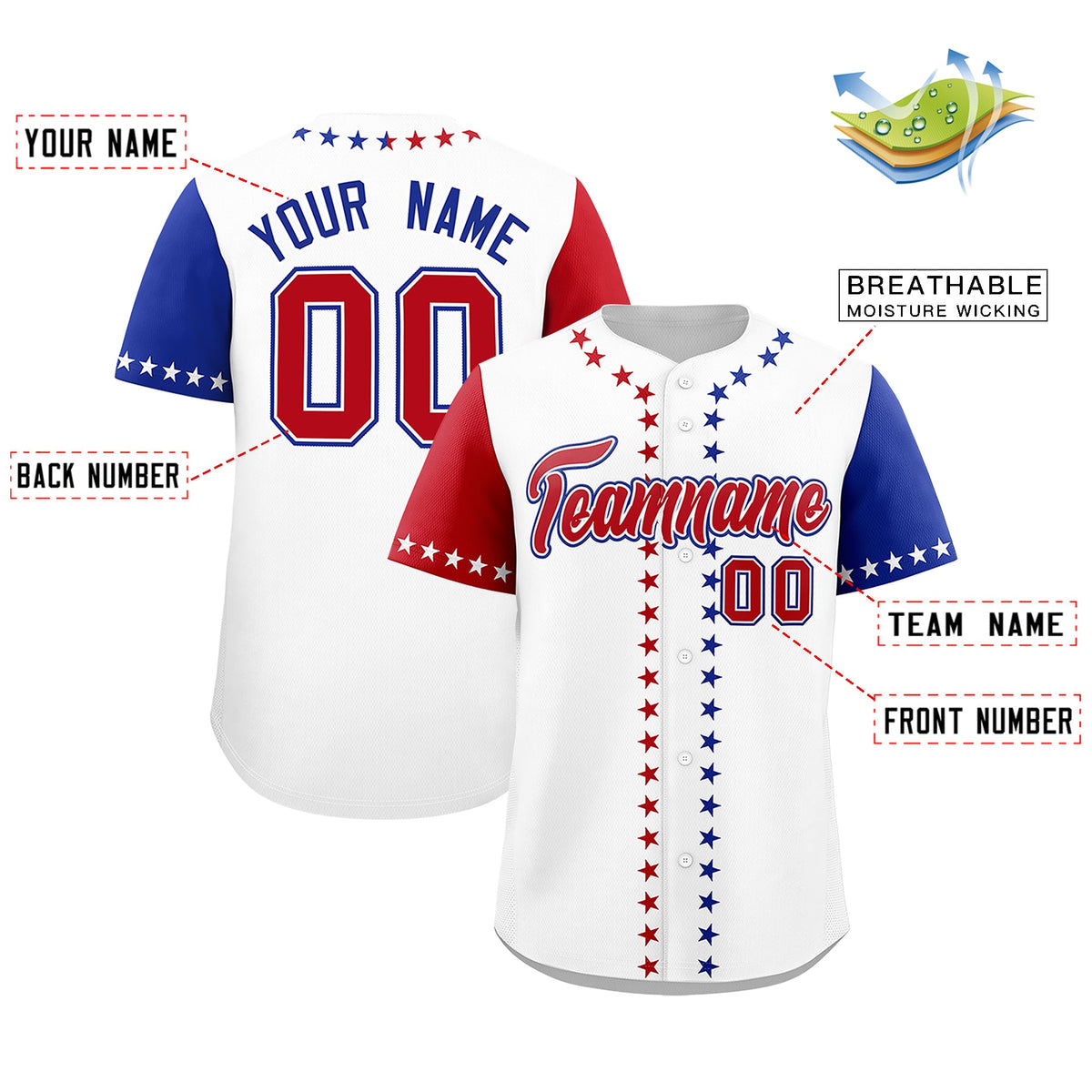 Custom White Red Royal Blue American Flag Graffiti Pattern Split Fashion Independence Day Stretch Fabric Baseball Jersey| KXKSHOP