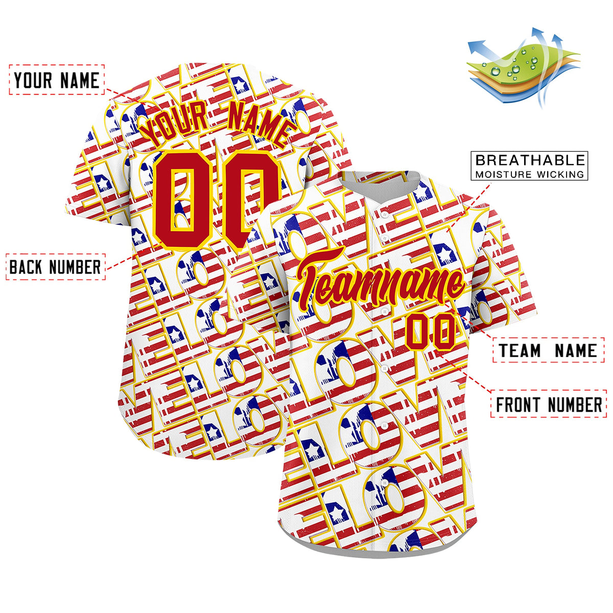 Custom White Red Gold American Flag Graffiti Pattern Split Fashion Independence Day Quick Dry Baseball Jersey| KXKSHOP