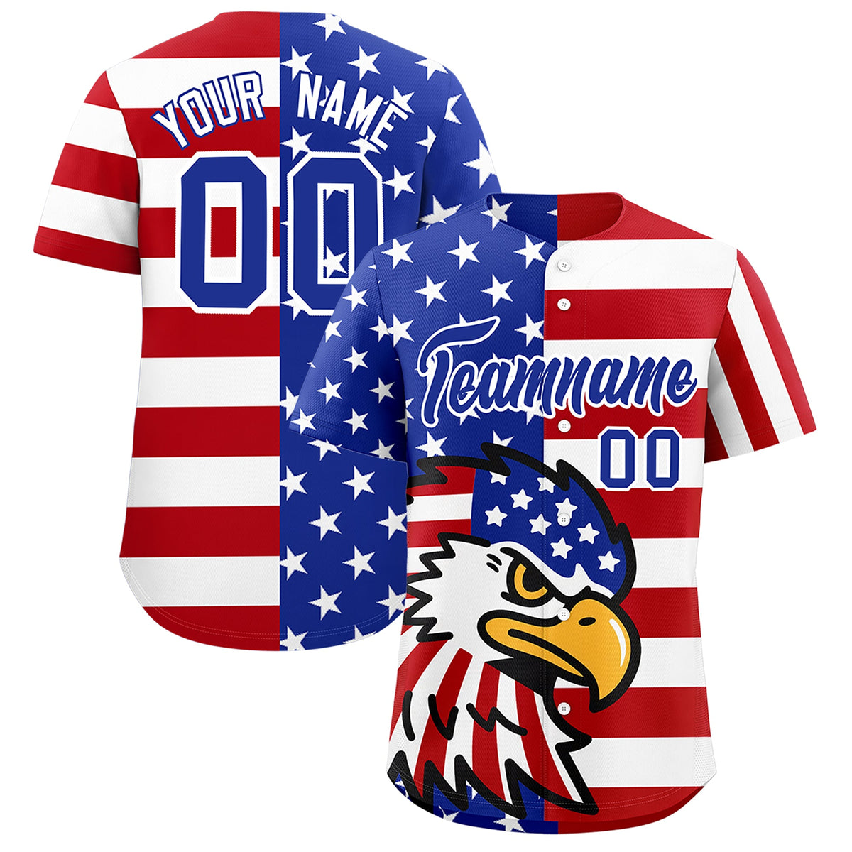 Custom Royal Blue Red White American Flag Graffiti Pattern Split Fashion Independence Day Stretch Fabric Baseball Jersey| KXKSHOP