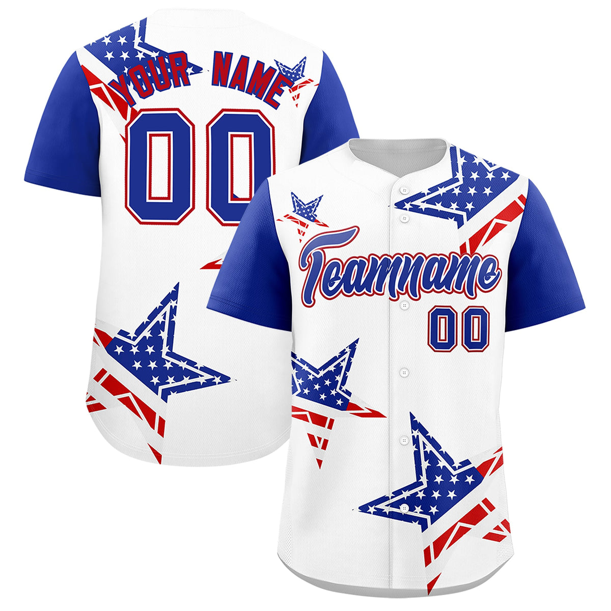 Custom White Royal Blue Red American Flag Graffiti Pattern Split Fashion Independence Day Quick Dry Baseball Jersey| KXKSHOP