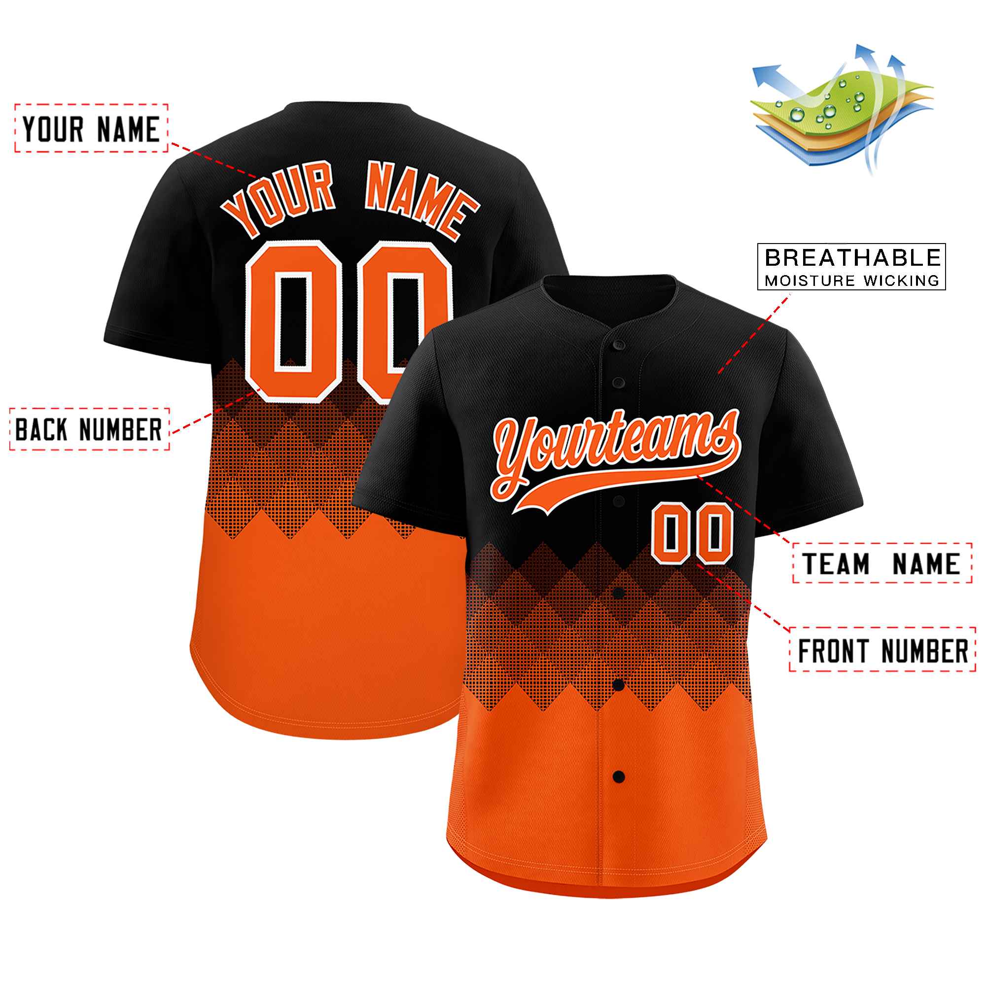 Custom Black Orange Grid Blur Pattern Authentic Baseball Jersey