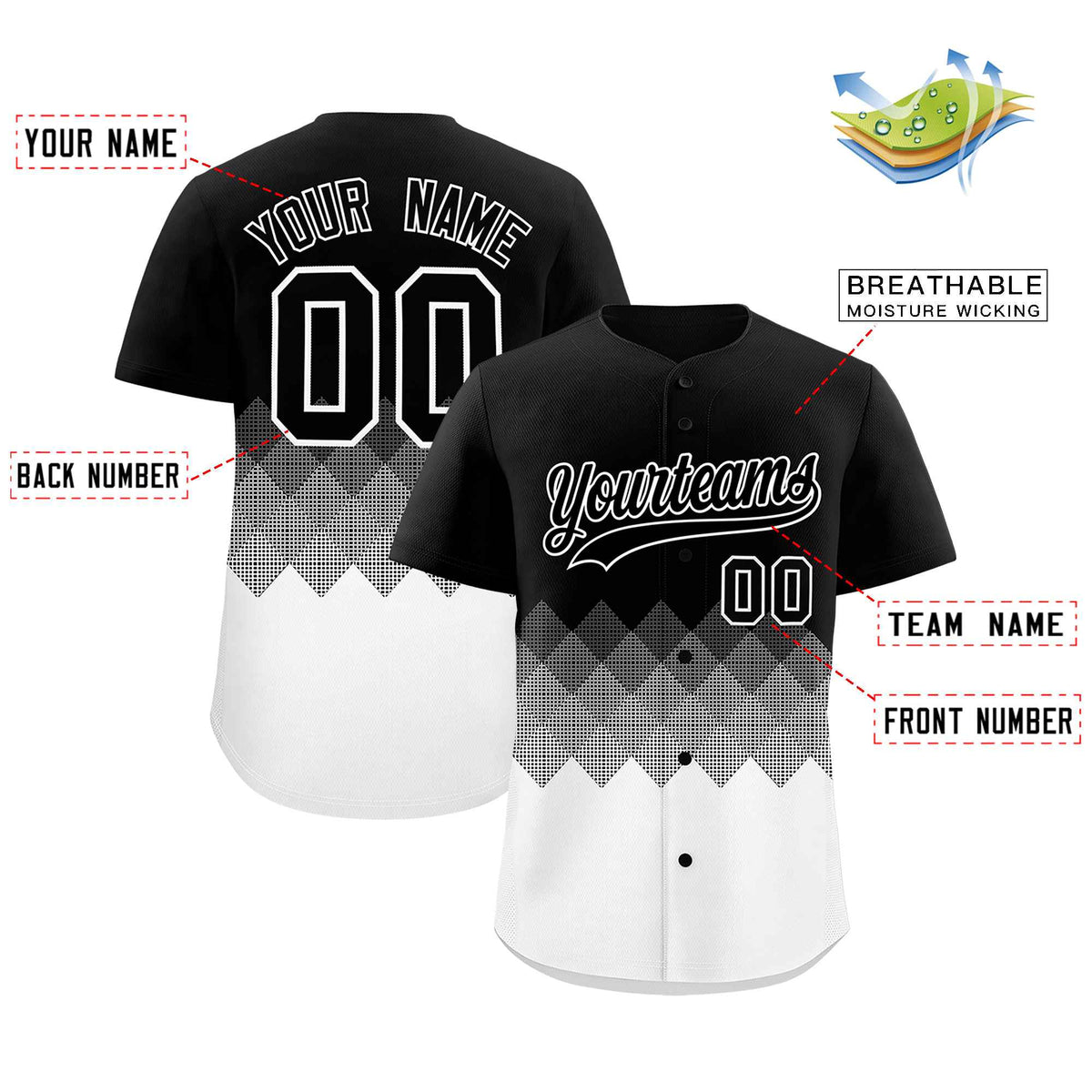 Custom Black White Grid Blur Pattern Authentic Baseball Jersey