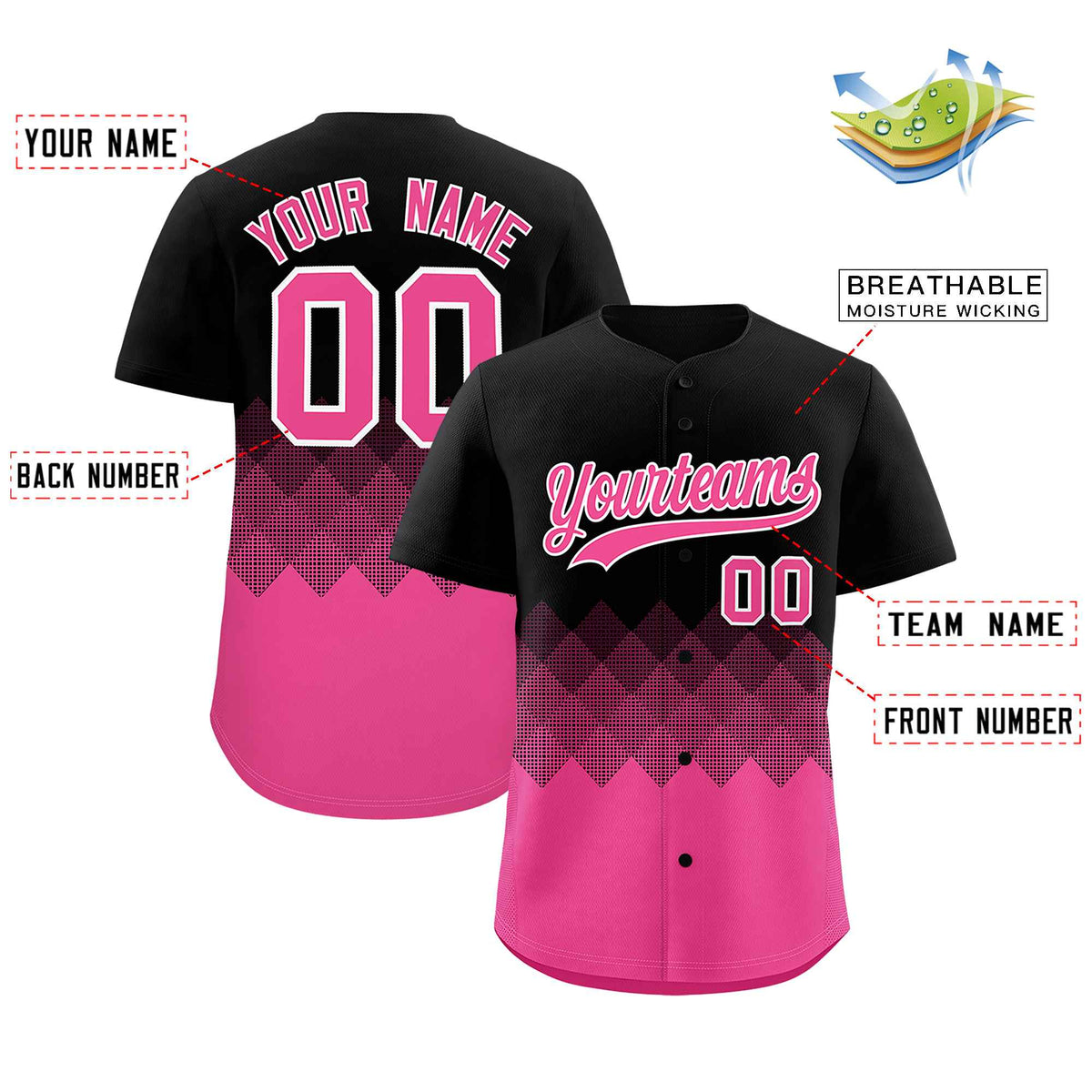 Custom Black Pink Grid Blur Pattern Authentic Baseball Jersey