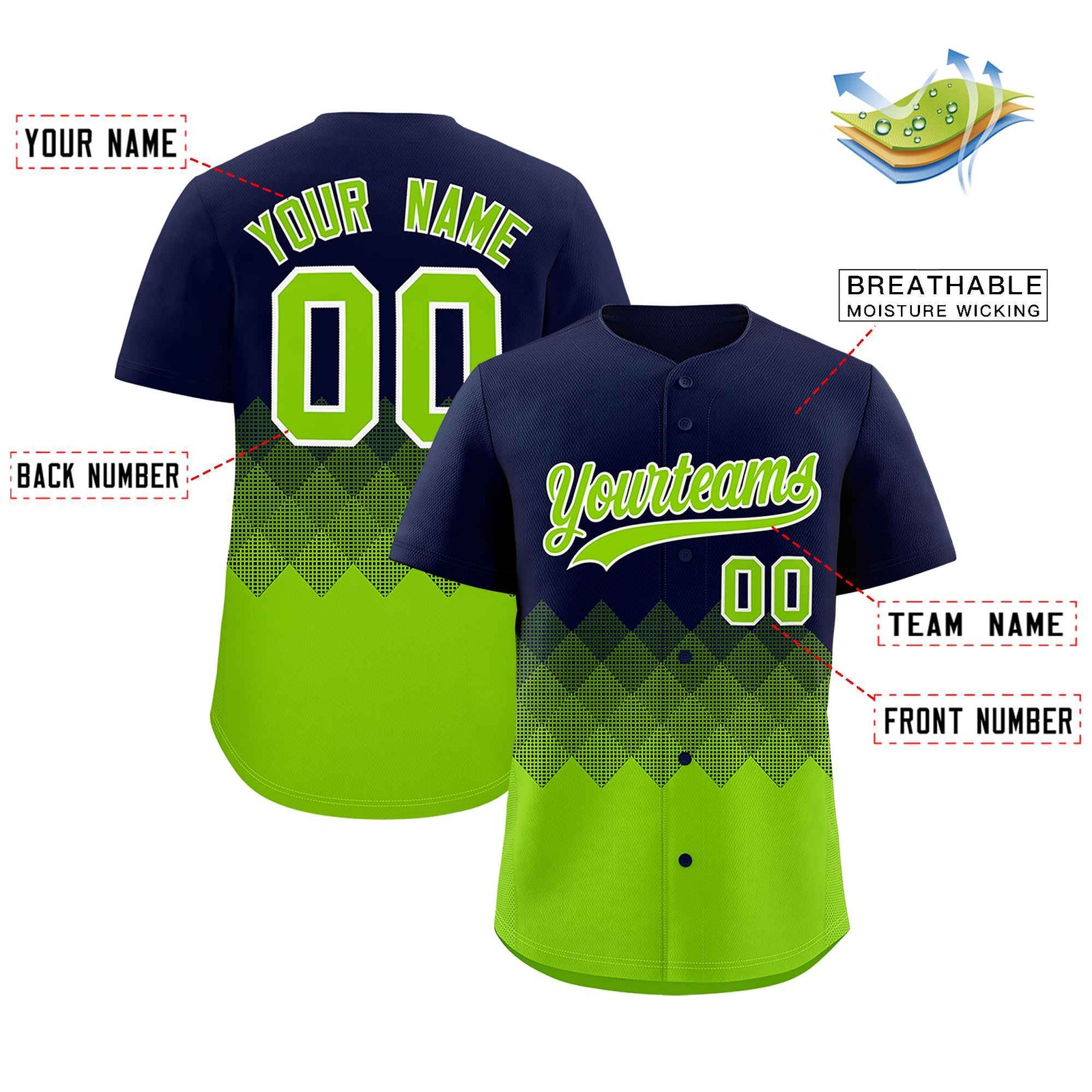Custom Navy Neon Green Grid Blur Pattern Authentic Baseball Jersey