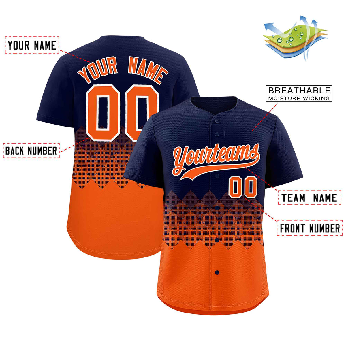 Custom Navy Orange Grid Blur Pattern Authentic Baseball Jersey