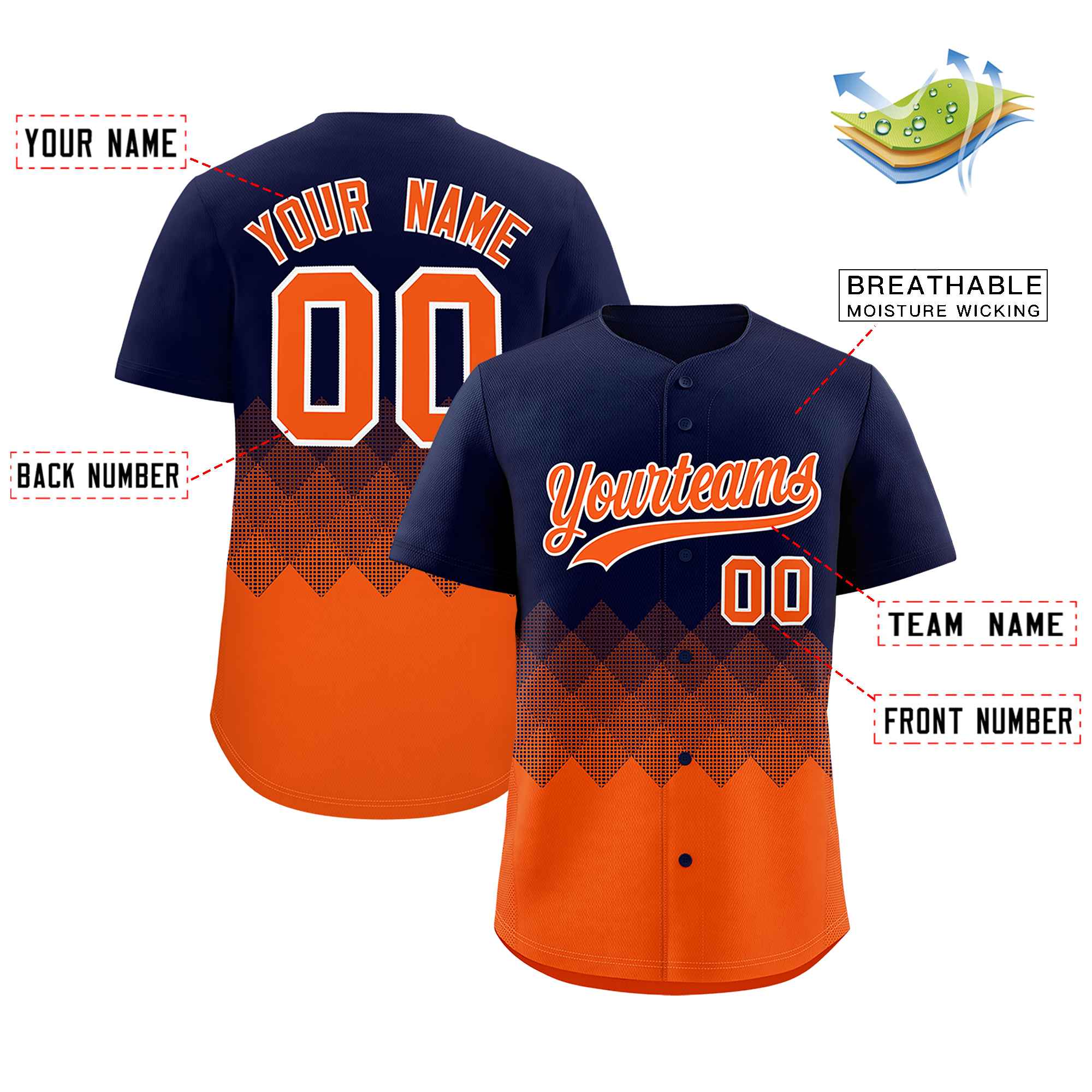 Custom Navy Orange Grid Blur Pattern Authentic Baseball Jersey