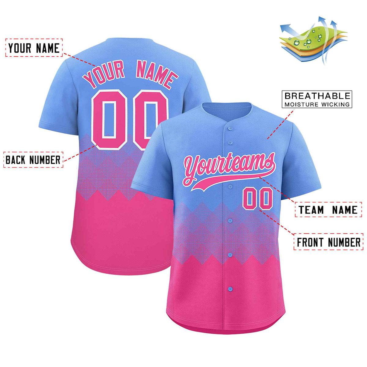 Custom Light Blue Pink Grid Blur Pattern Authentic Baseball Jersey