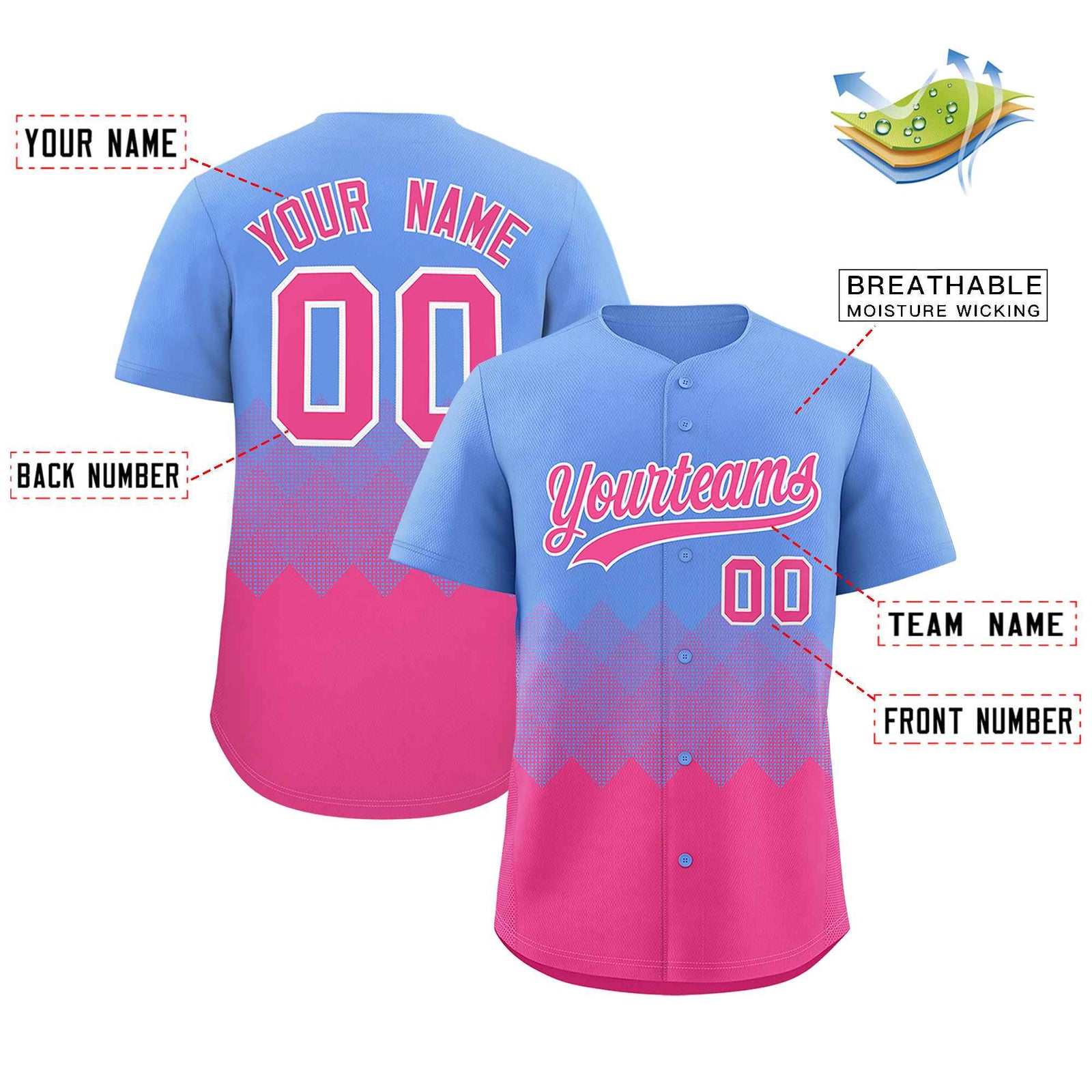 Custom Light Blue Pink Grid Blur Pattern Authentic Baseball Jersey