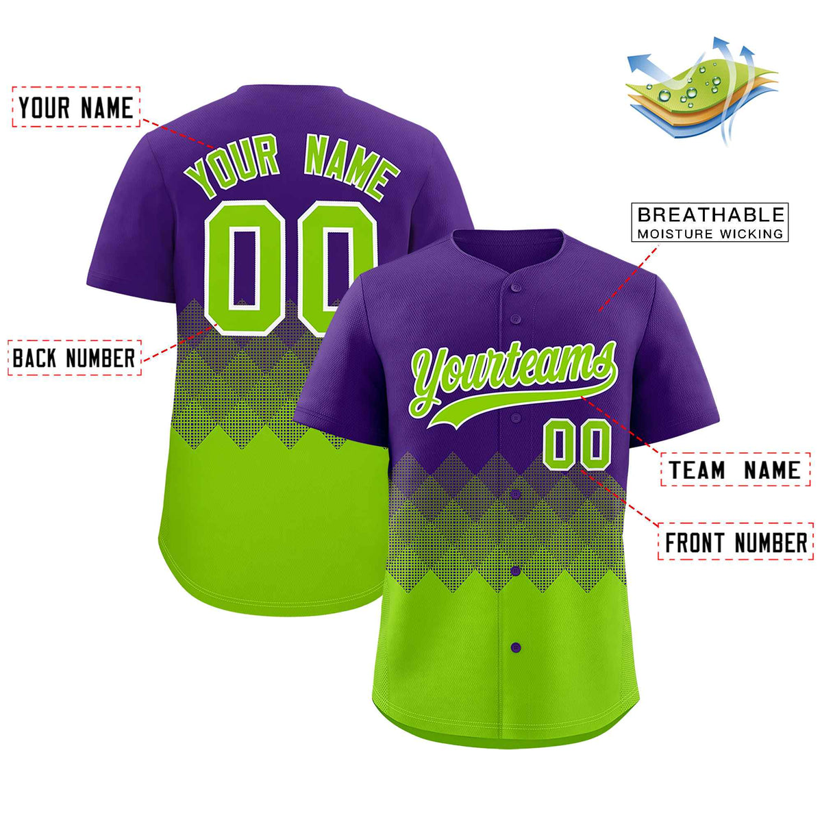 Custom Purple Neon Green Grid Blur Pattern Authentic Baseball Jersey