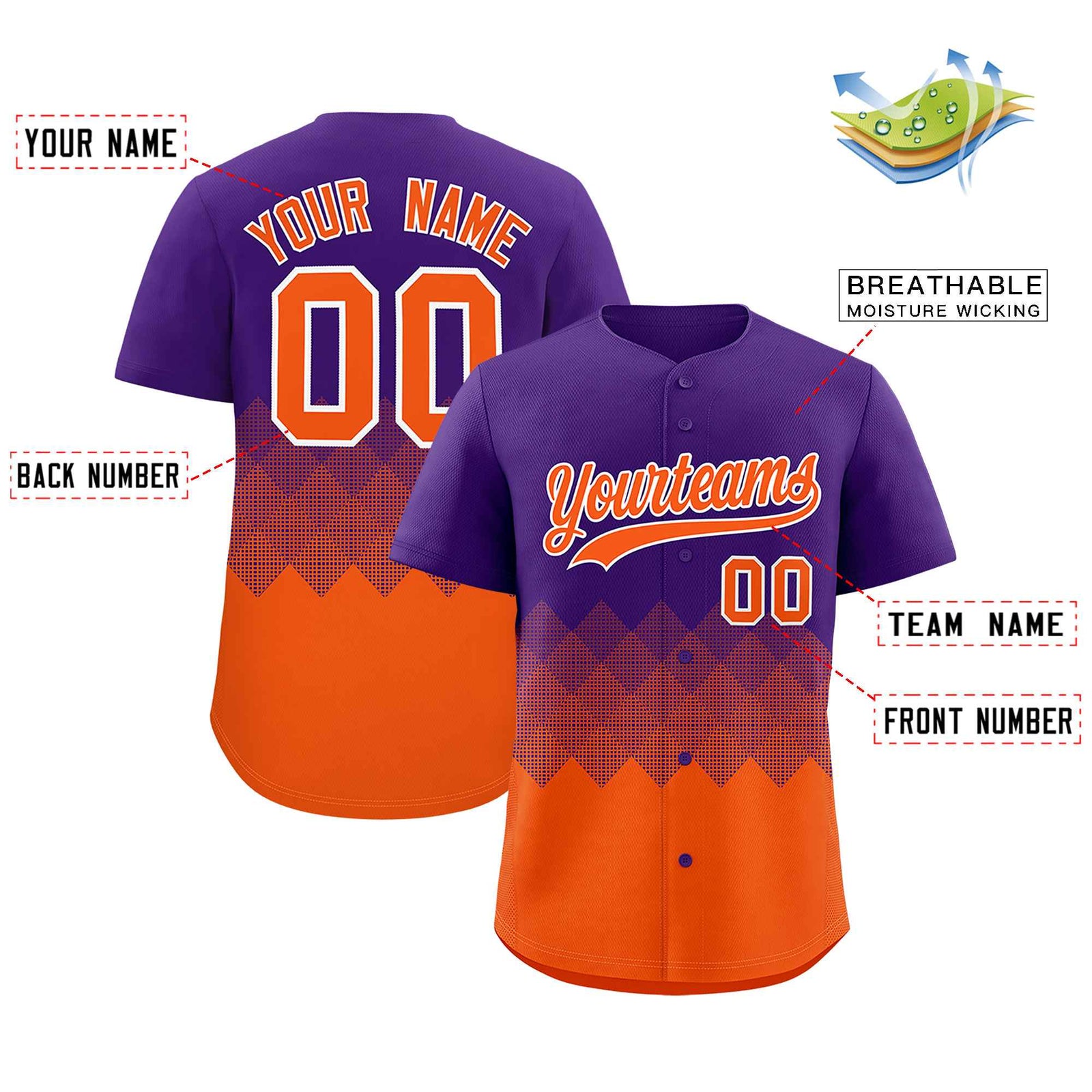 Custom Purple Orange Grid Blur Pattern Authentic Baseball Jersey