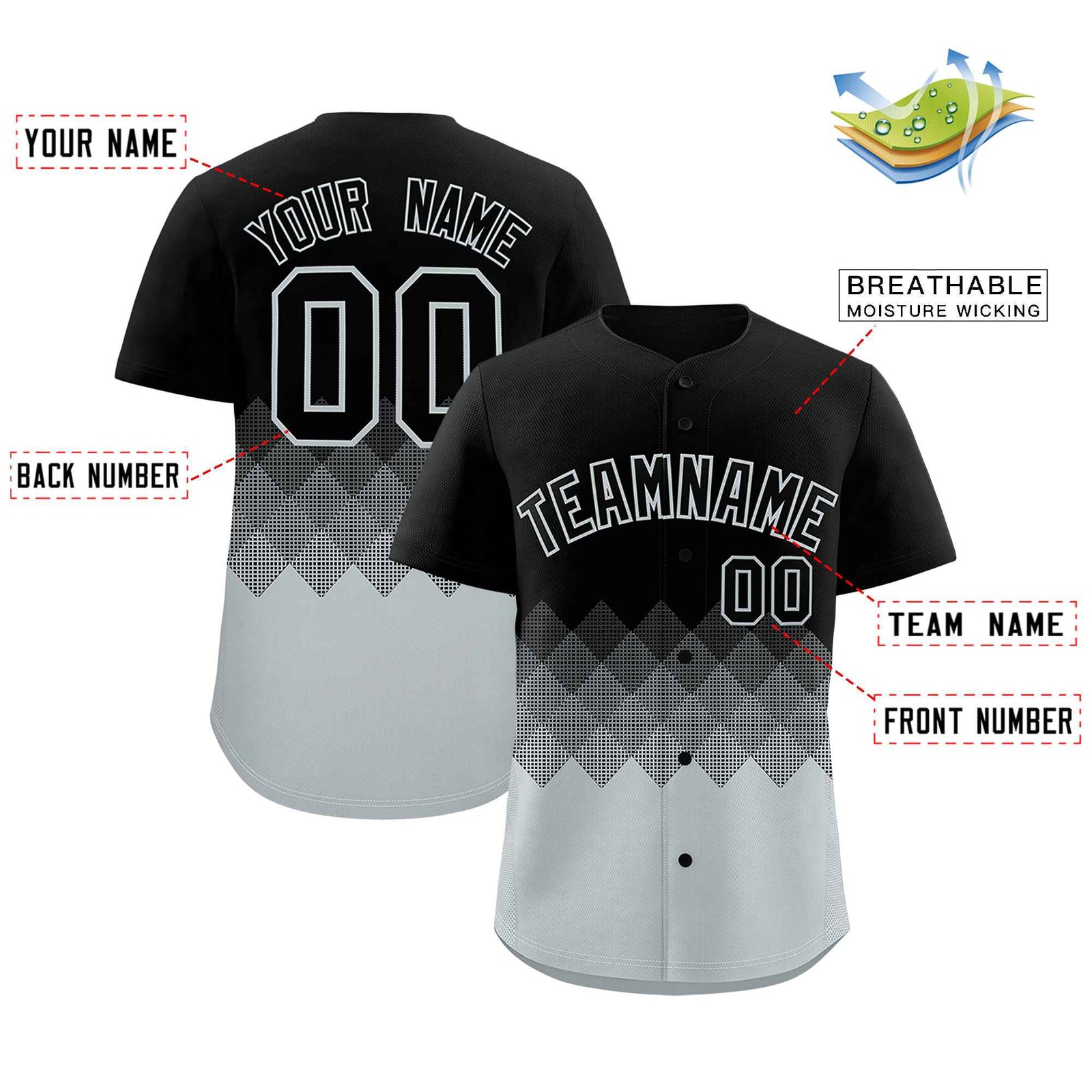 Custom Black Silver Grid Blur Pattern Authentic Baseball Jersey