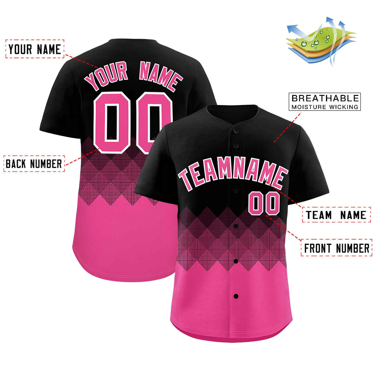 Custom Black Pink Grid Blur Pattern Authentic Baseball Jersey
