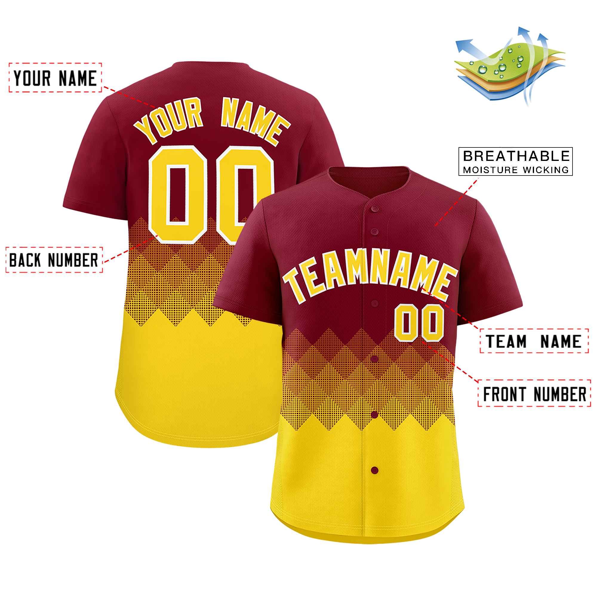 Custom Crimson Gold Grid Blur Pattern Authentic Baseball Jersey