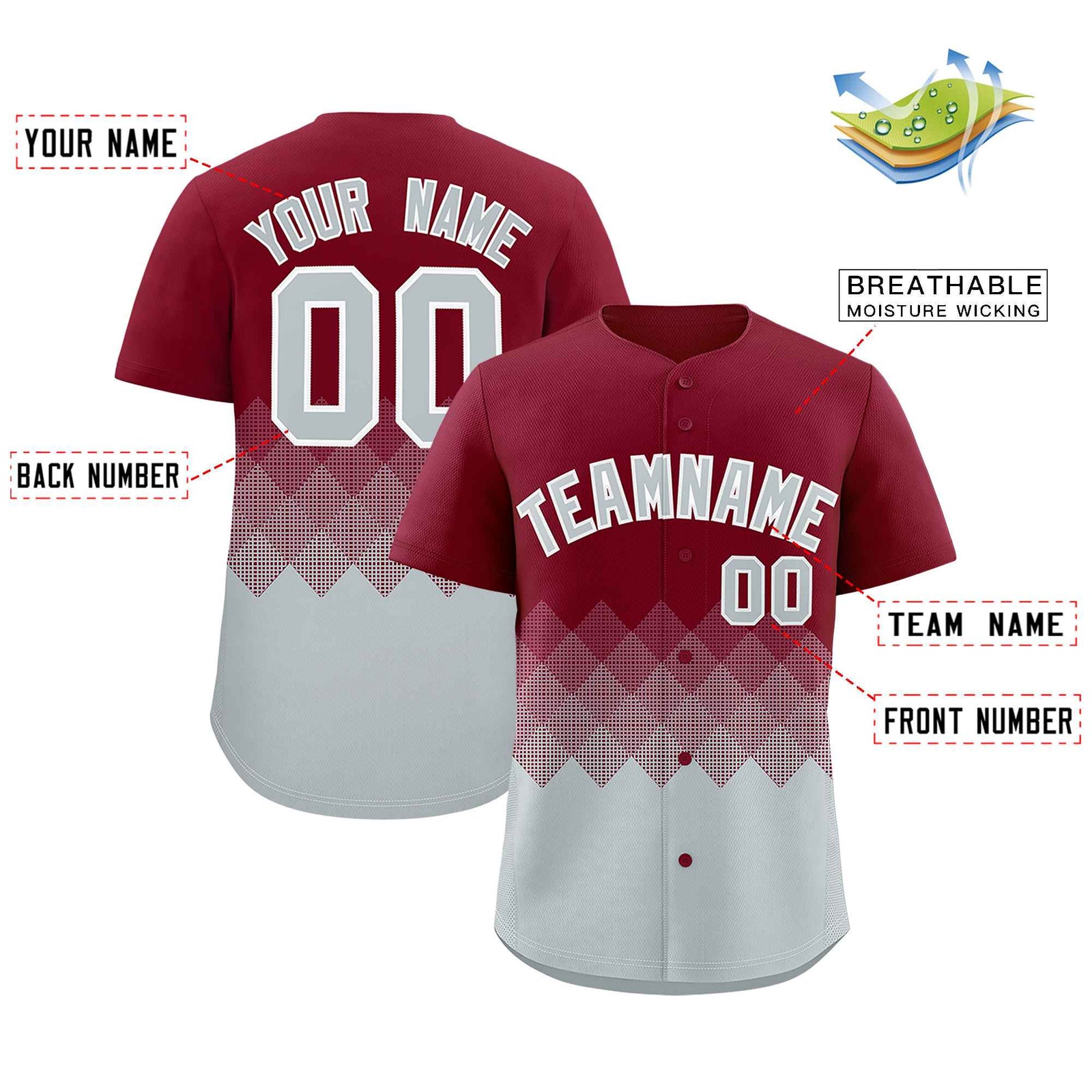 Custom Crimson Silver Grid Blur Pattern Authentic Baseball Jersey