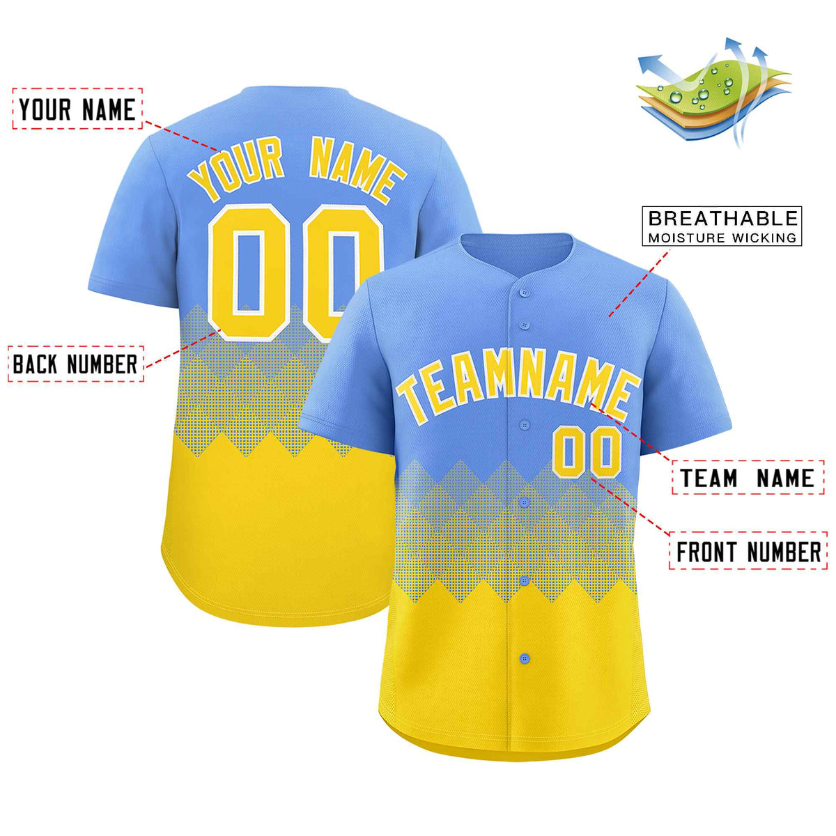 Custom Light Blue Gold Grid Blur Pattern Authentic Baseball Jersey