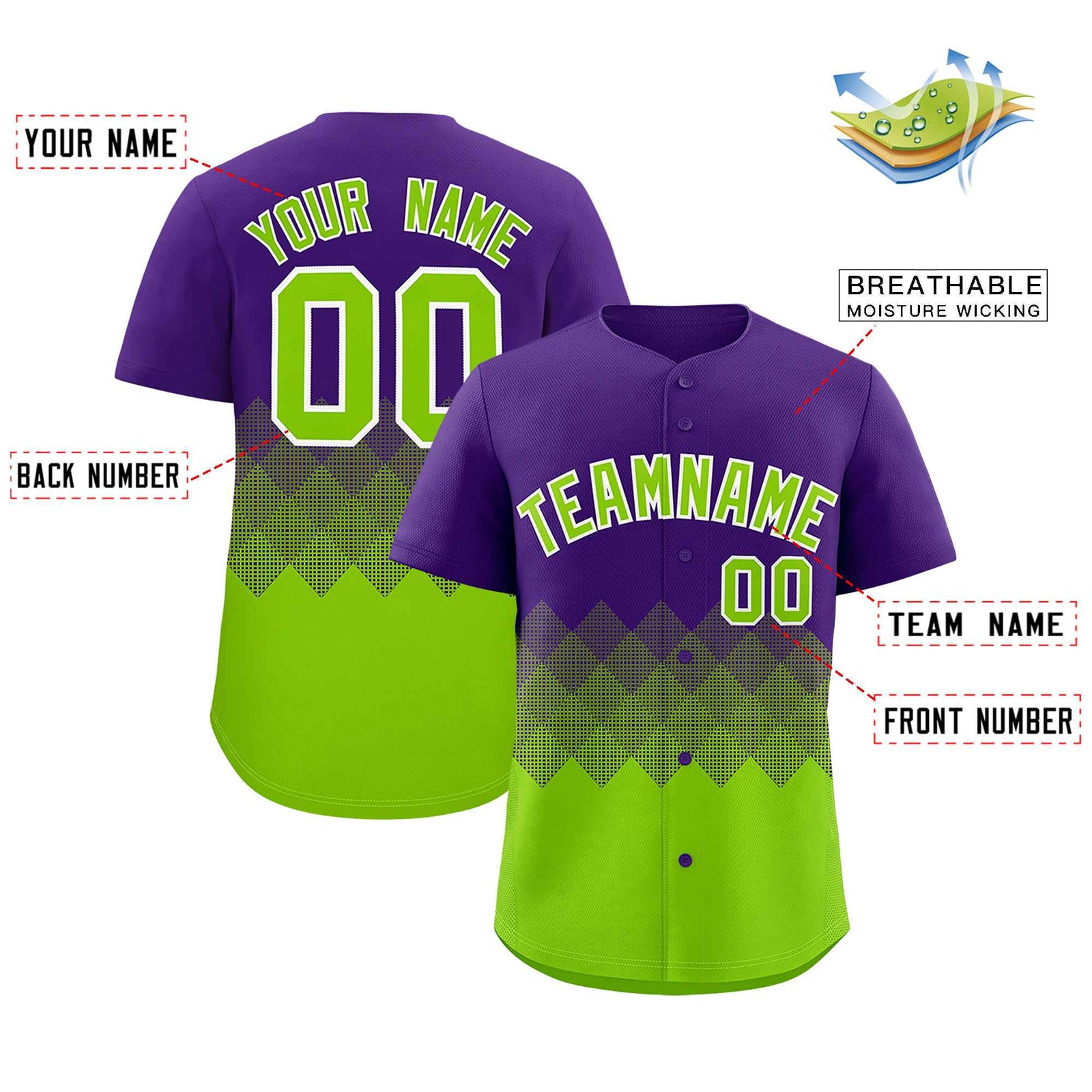 Custom Purple Neon Green Grid Blur Pattern Authentic Baseball Jersey