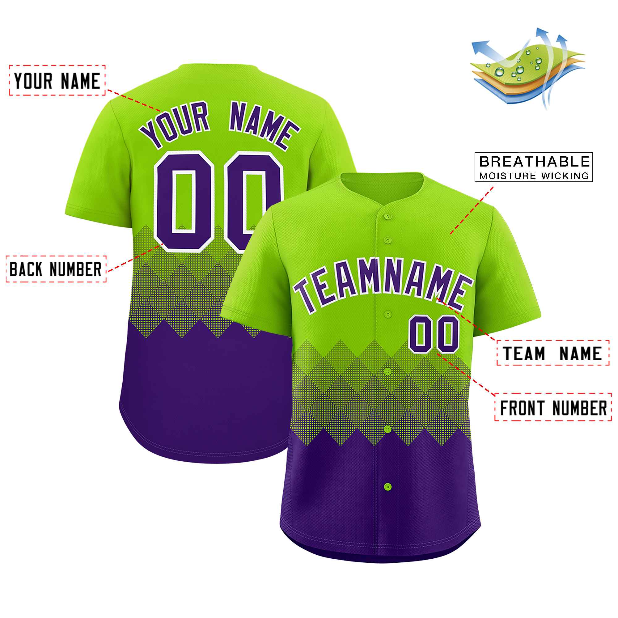 Custom Neon Green Purple Grid Blur Pattern Authentic Baseball Jersey
