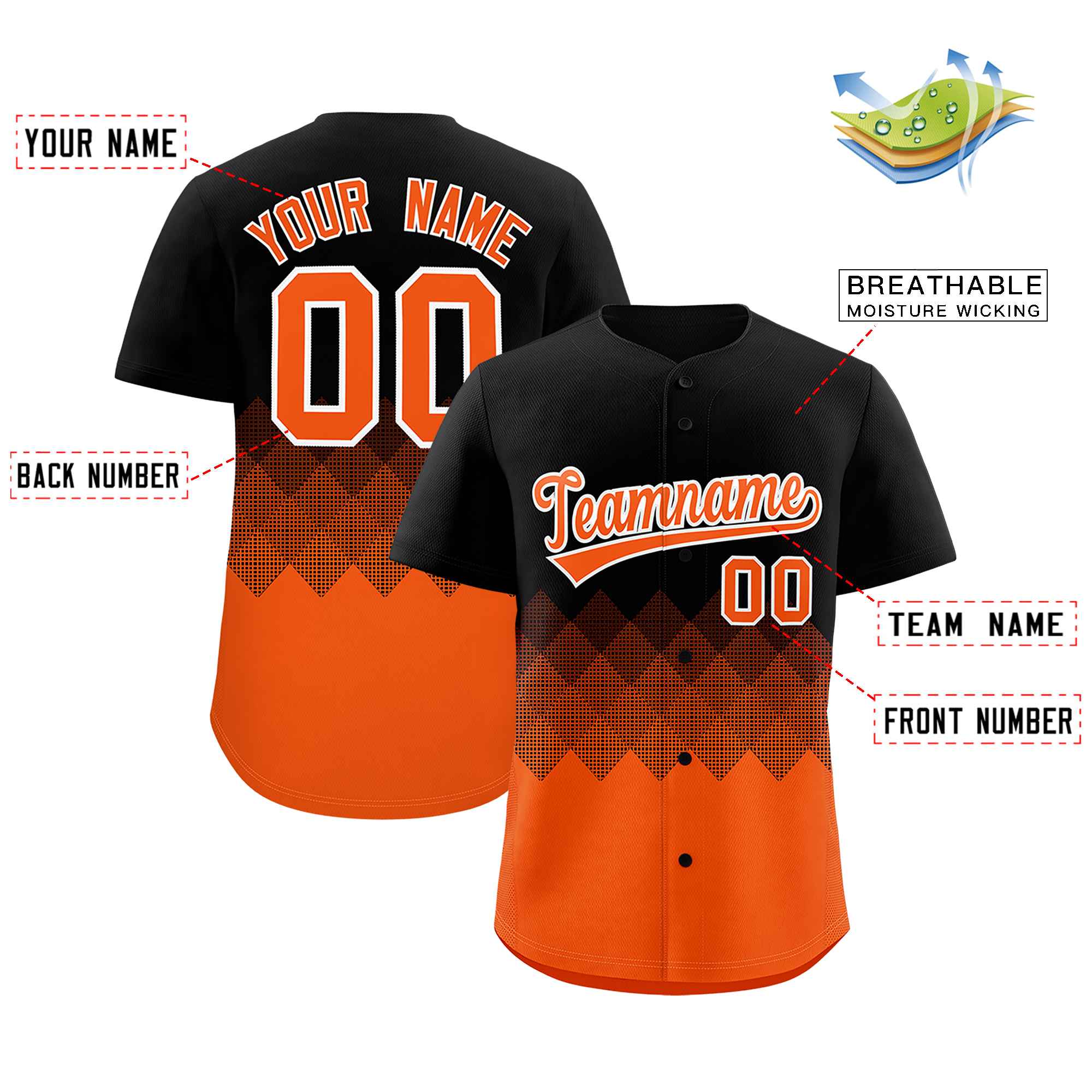 Custom Black Orange Grid Blur Pattern Authentic Baseball Jersey