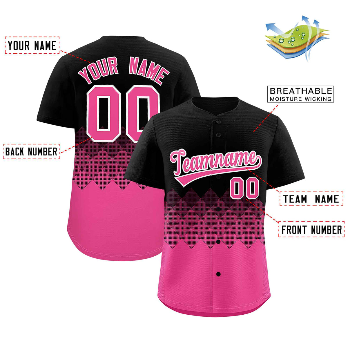 Custom Black Pink Grid Blur Pattern Authentic Baseball Jersey