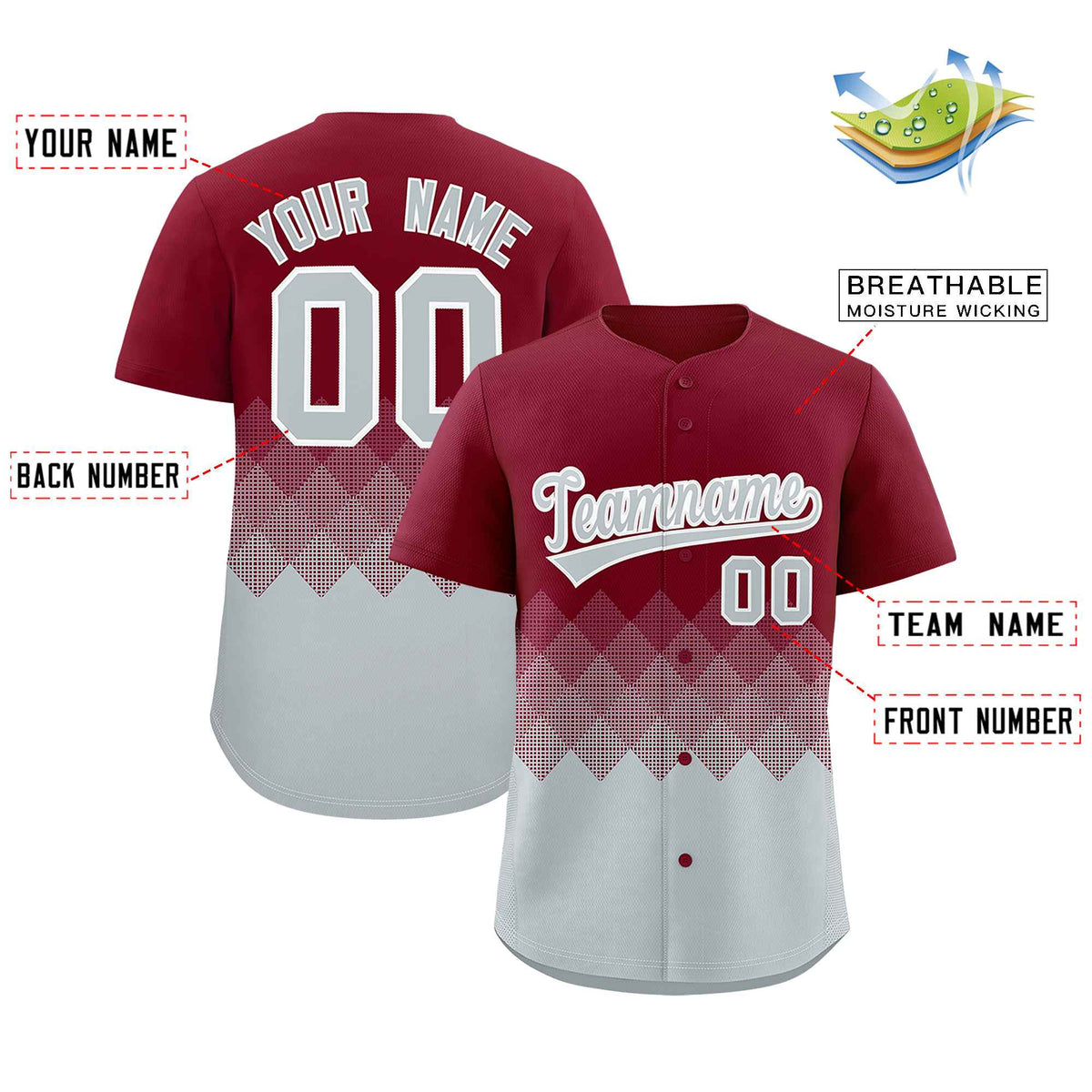 Custom Crimson Silver Grid Blur Pattern Authentic Baseball Jersey