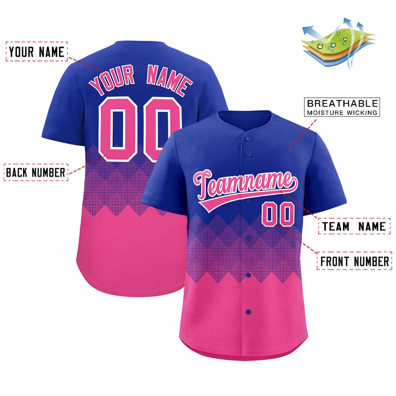 Custom Royal Pink Grid Blur Pattern Authentic Baseball Jersey