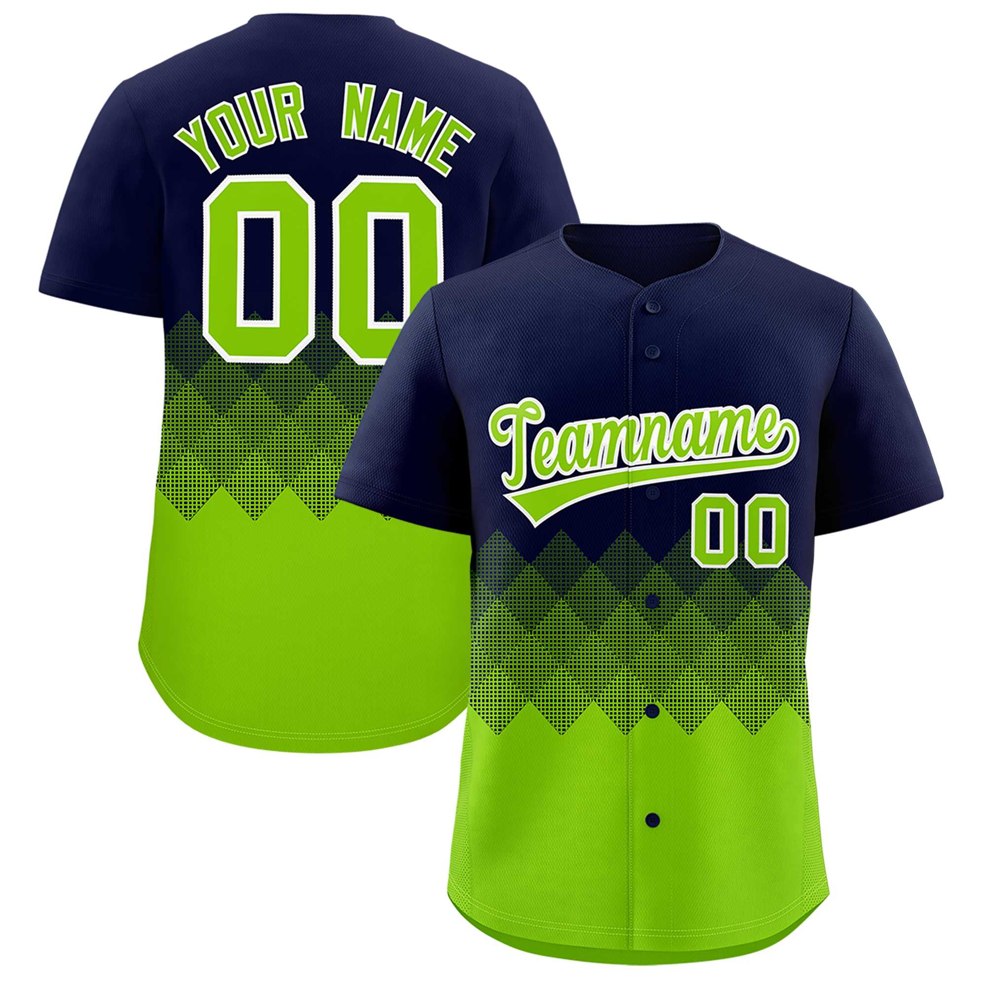 Custom Navy Neon Green Grid Blur Pattern Authentic Baseball Jersey