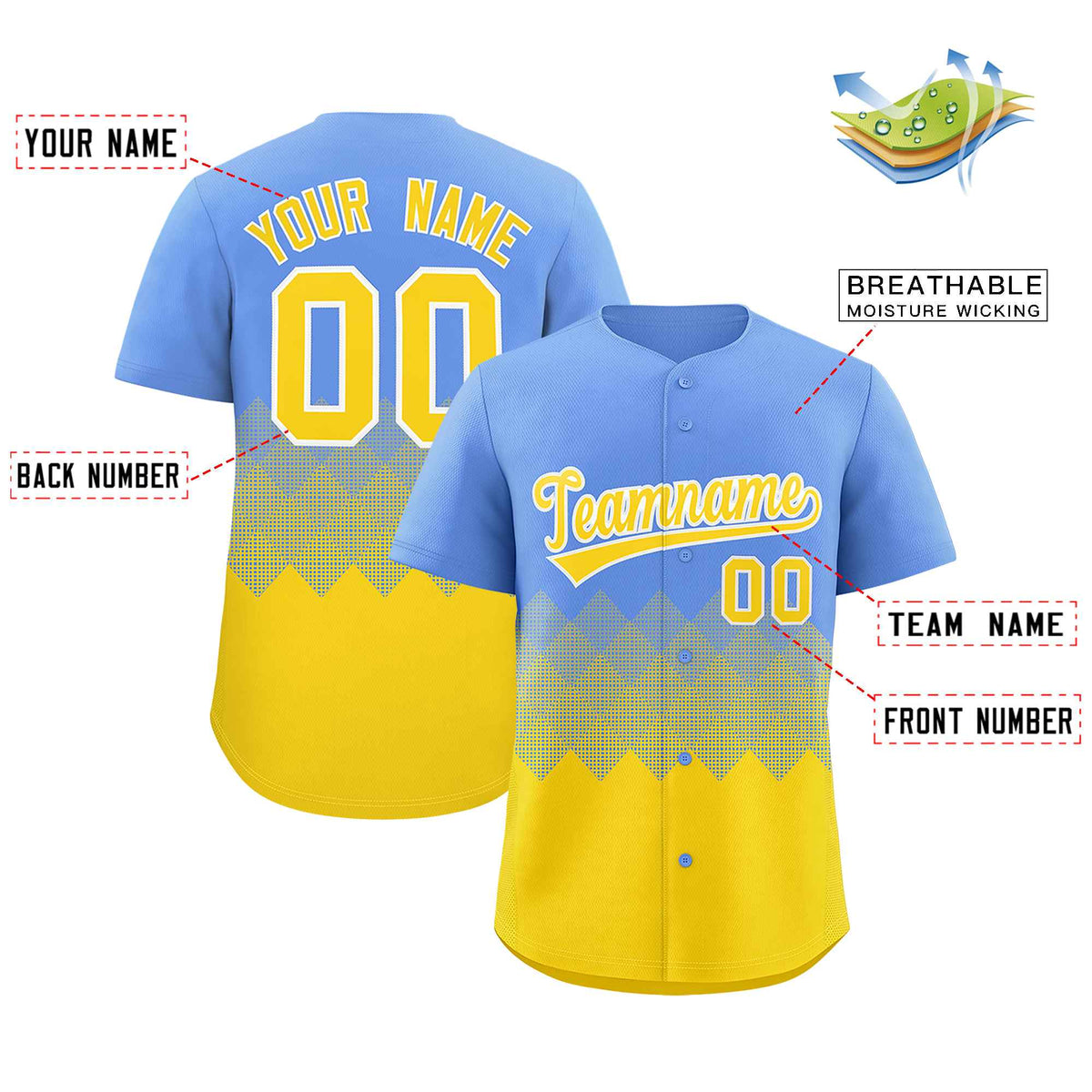 Custom Light Blue Gold Grid Blur Pattern Authentic Baseball Jersey