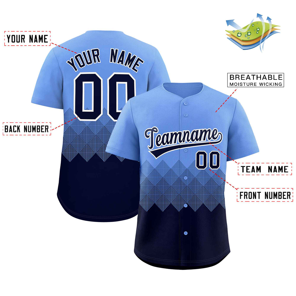 Custom Light Blue Navy Grid Blur Pattern Authentic Baseball Jersey