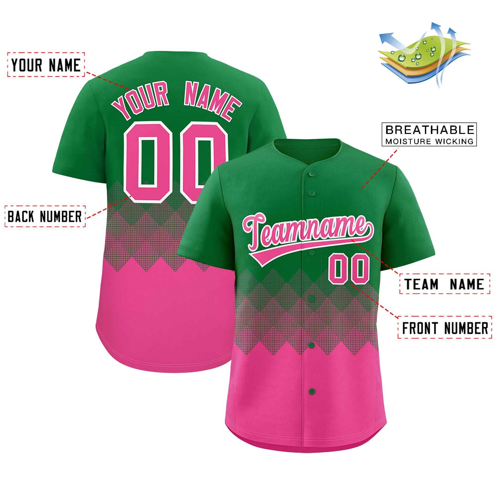 Custom Kelly Green Pink Grid Blur Pattern Authentic Baseball Jersey
