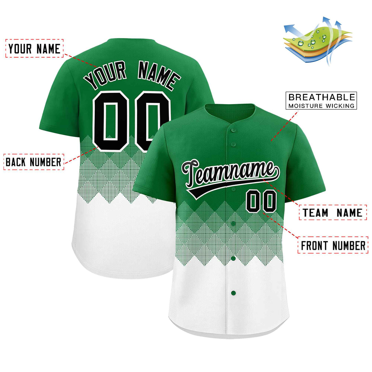 Custom Kelly Green White Grid Blur Pattern Authentic Baseball Jersey