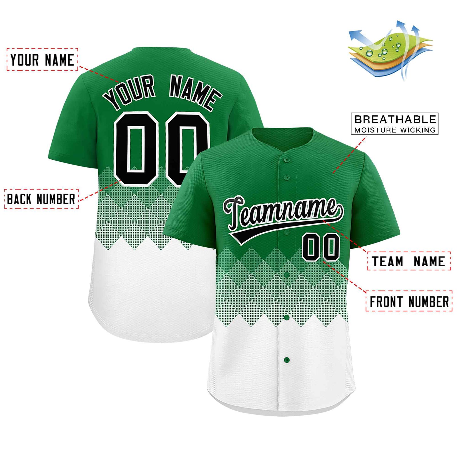 Custom Kelly Green White Grid Blur Pattern Authentic Baseball Jersey
