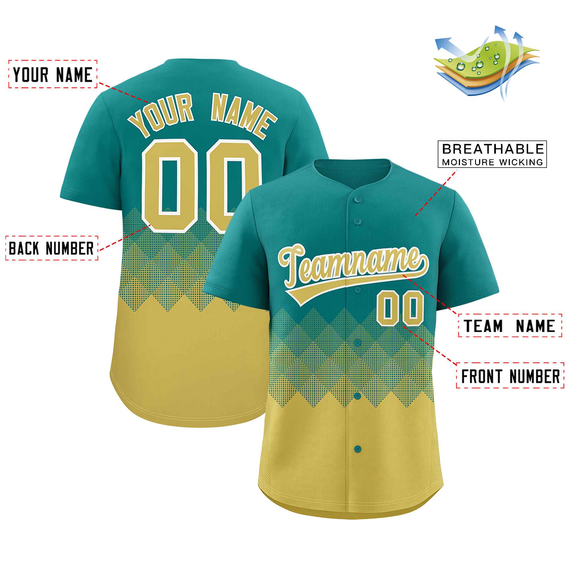 Custom Aqua Old Gold Grid Blur Pattern Authentic Baseball Jersey