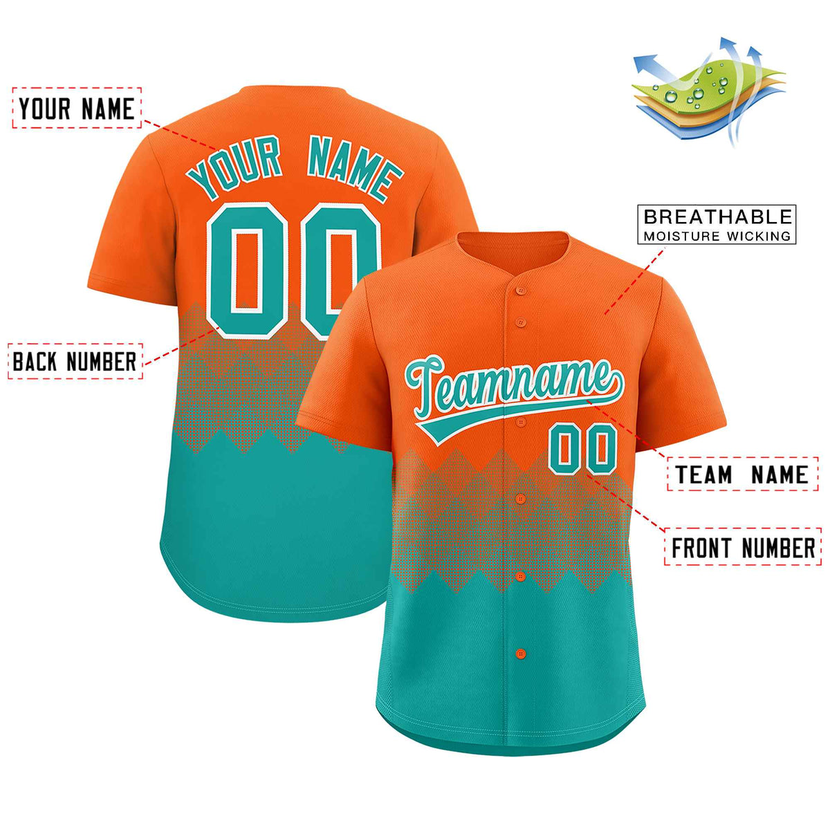 Custom Orange Aqua Grid Blur Pattern Authentic Baseball Jersey