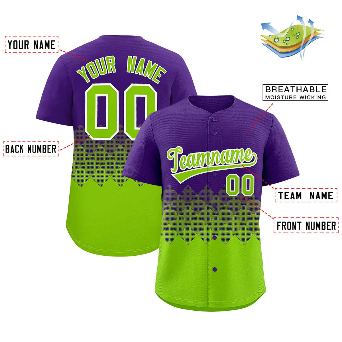 Custom Purple Neon Green Grid Blur Pattern Authentic Baseball Jersey