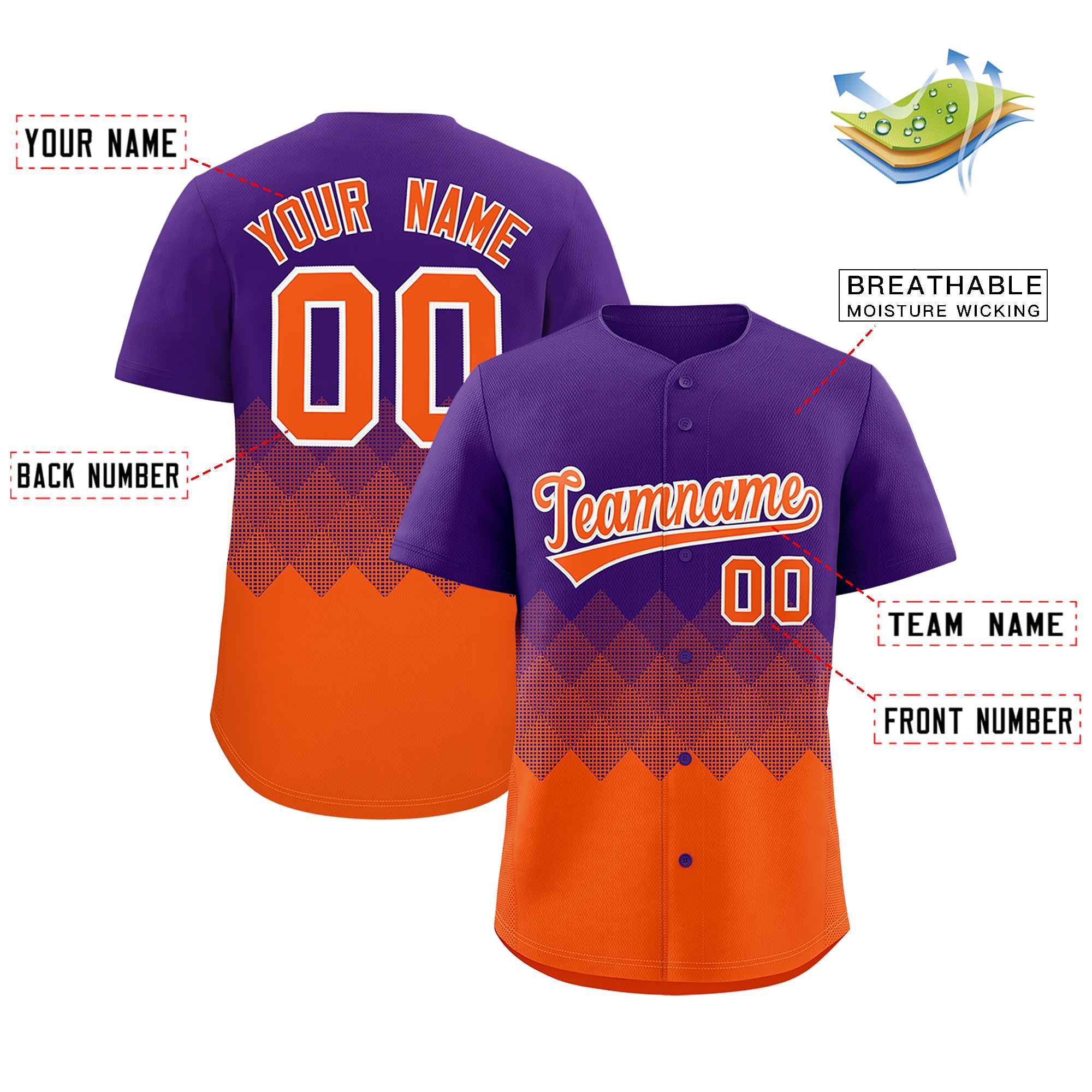 Custom Purple Orange Grid Blur Pattern Authentic Baseball Jersey
