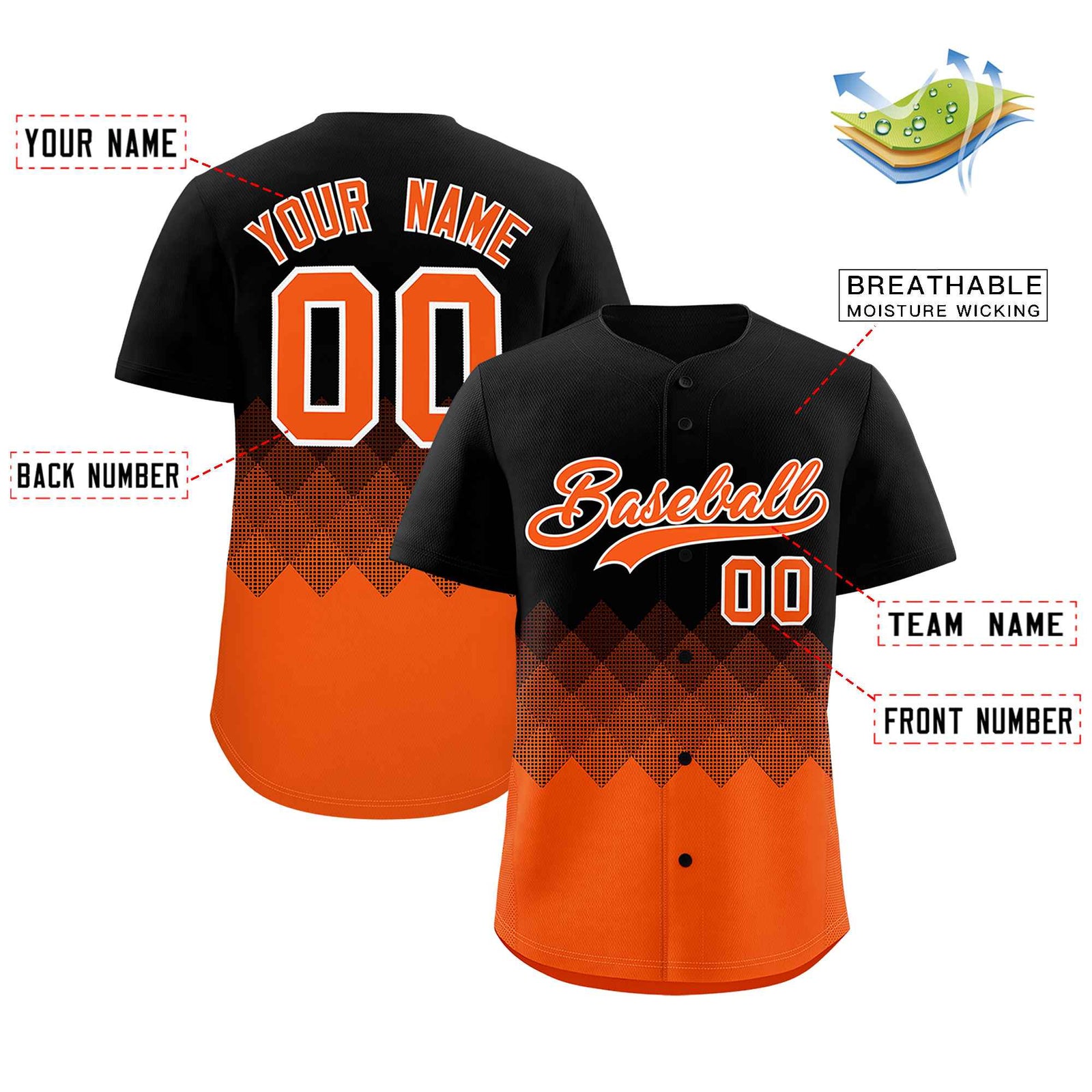 Custom Black Orange Grid Blur Pattern Authentic Baseball Jersey