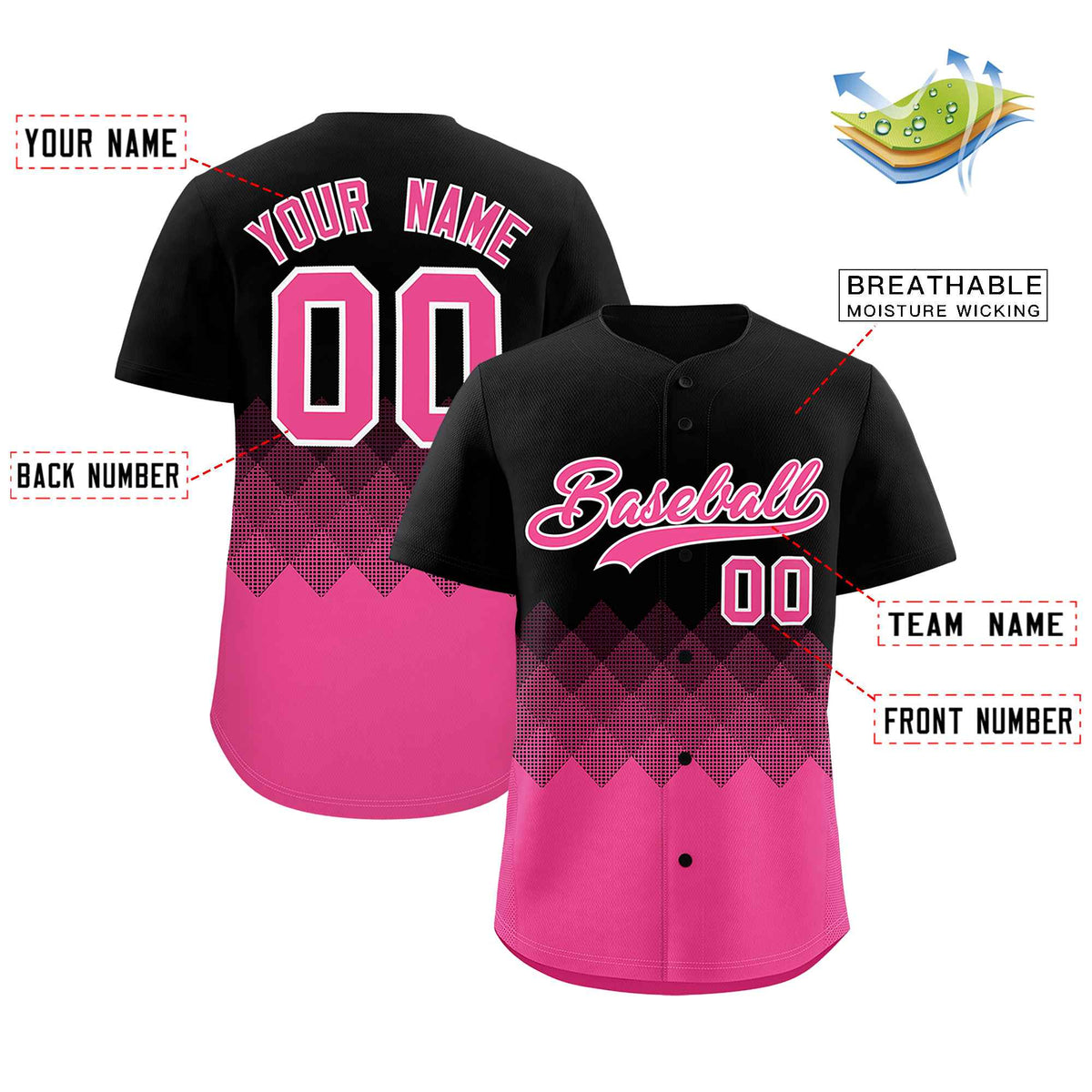 Custom Black Pink Grid Blur Pattern Authentic Baseball Jersey