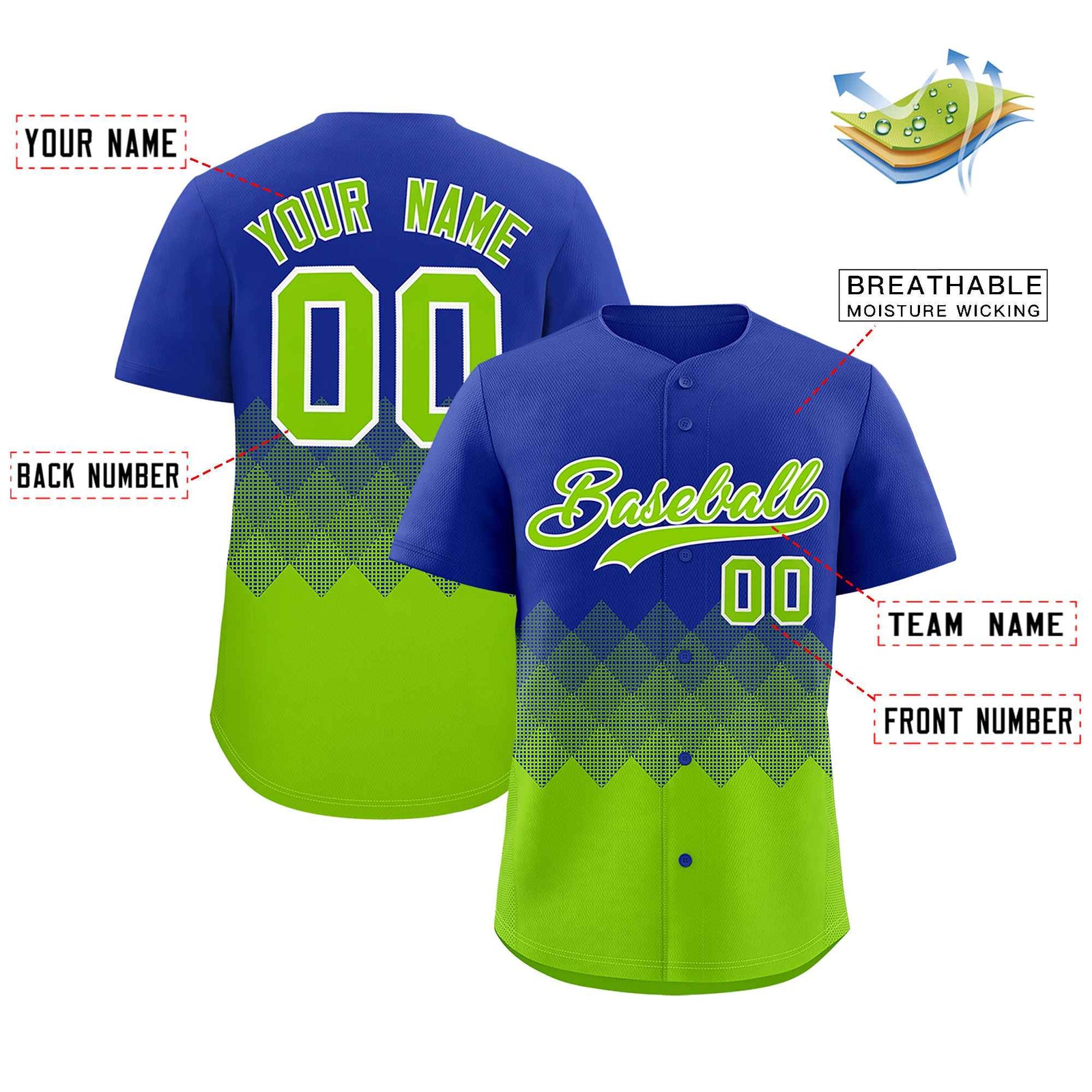Custom Royal Neon Green Grid Blur Pattern Authentic Baseball Jersey