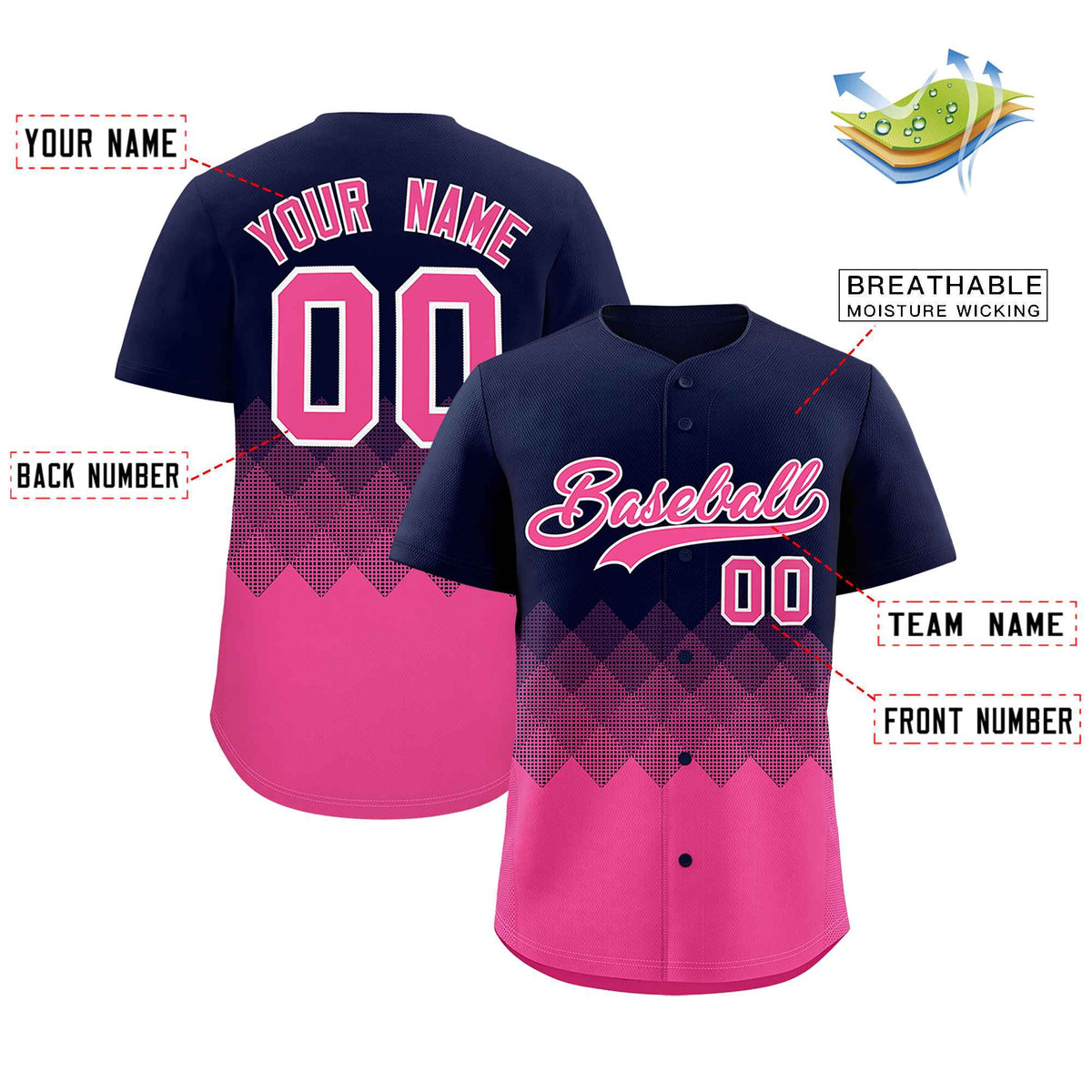Custom Navy Pink Grid Blur Pattern Authentic Baseball Jersey