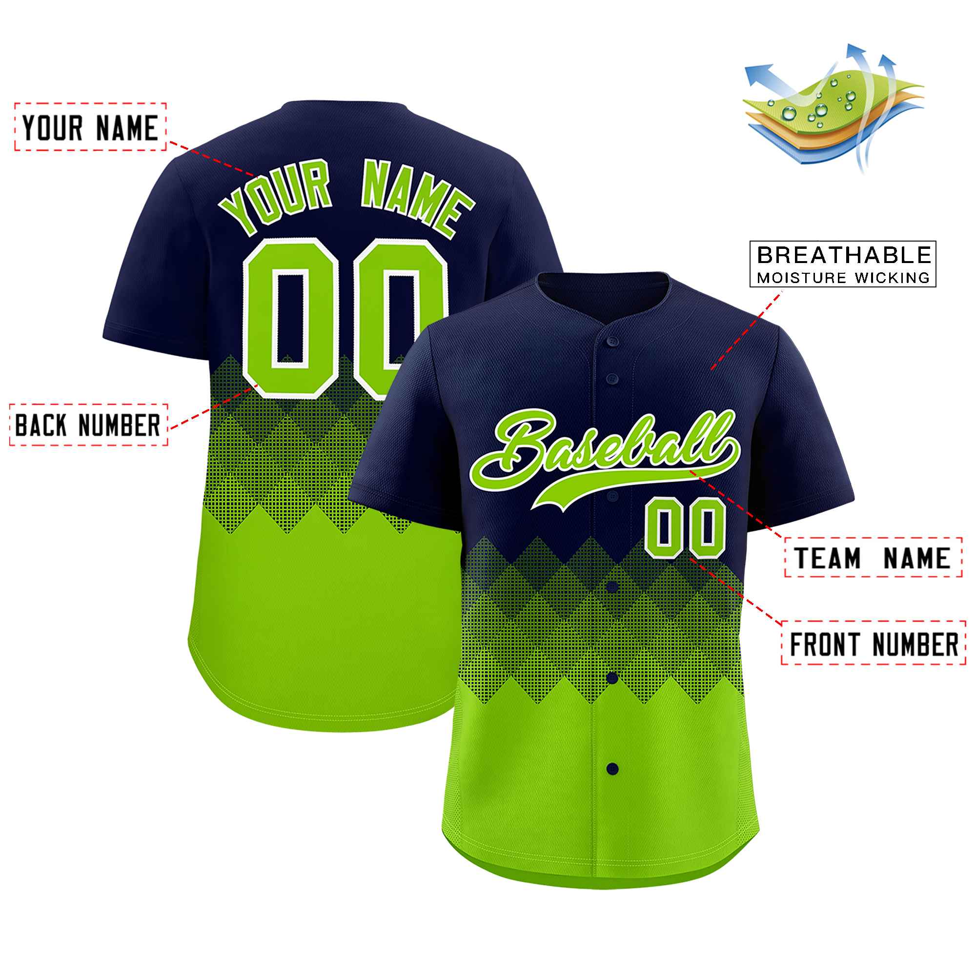 Custom Navy Neon Green Grid Blur Pattern Authentic Baseball Jersey
