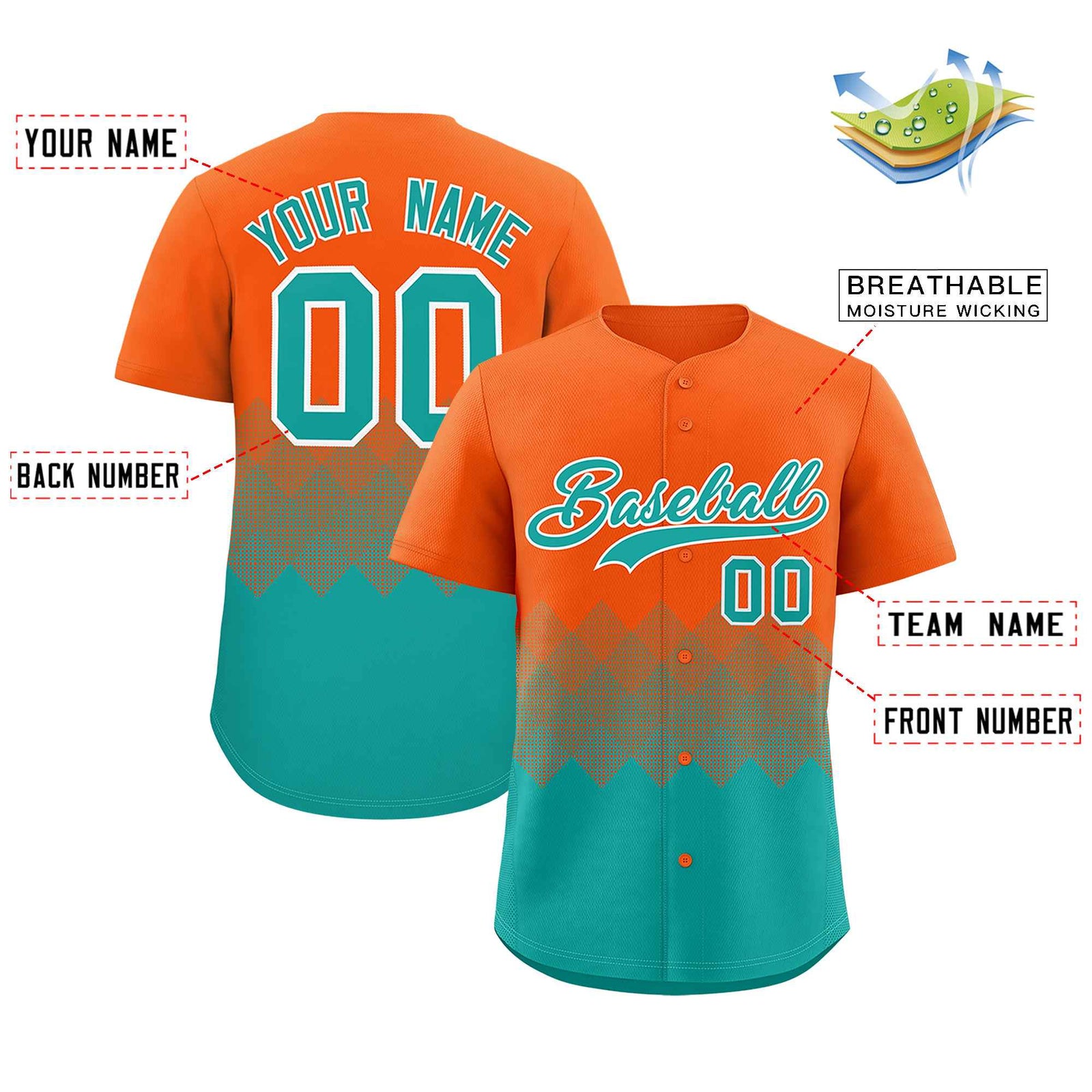 Custom Orange Aqua Grid Blur Pattern Authentic Baseball Jersey