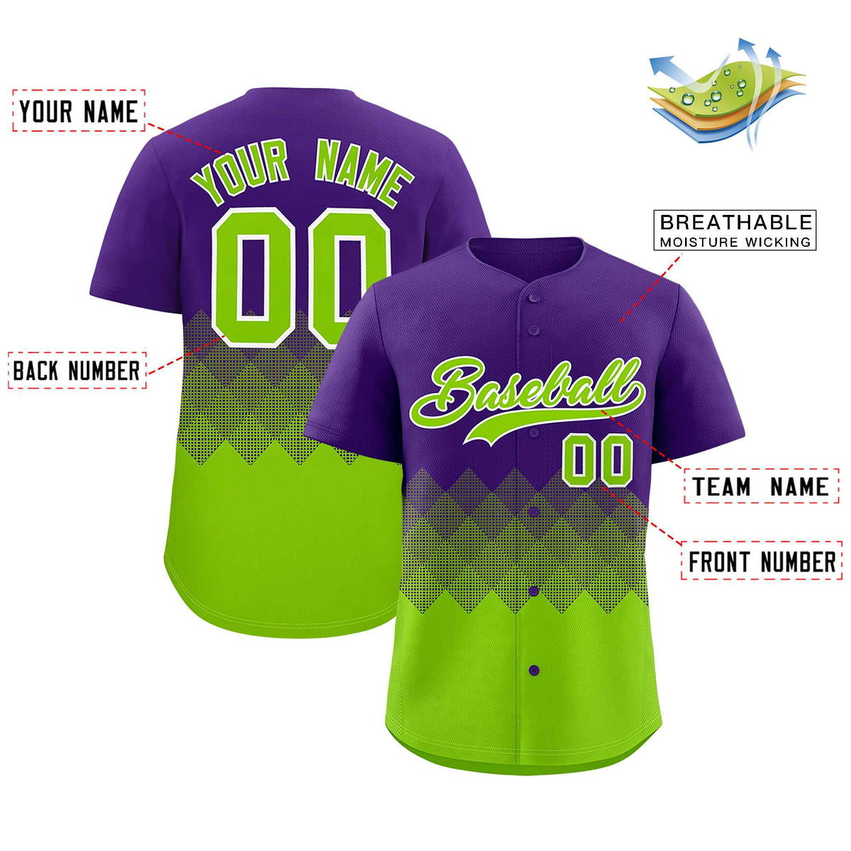 Custom Purple Neon Green Grid Blur Pattern Authentic Baseball Jersey