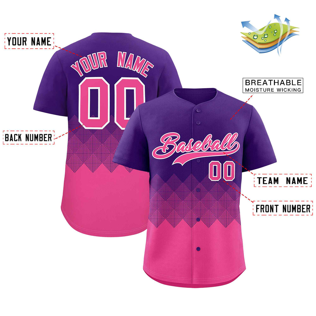 Custom Purple Pink Grid Blur Pattern Authentic Baseball Jersey