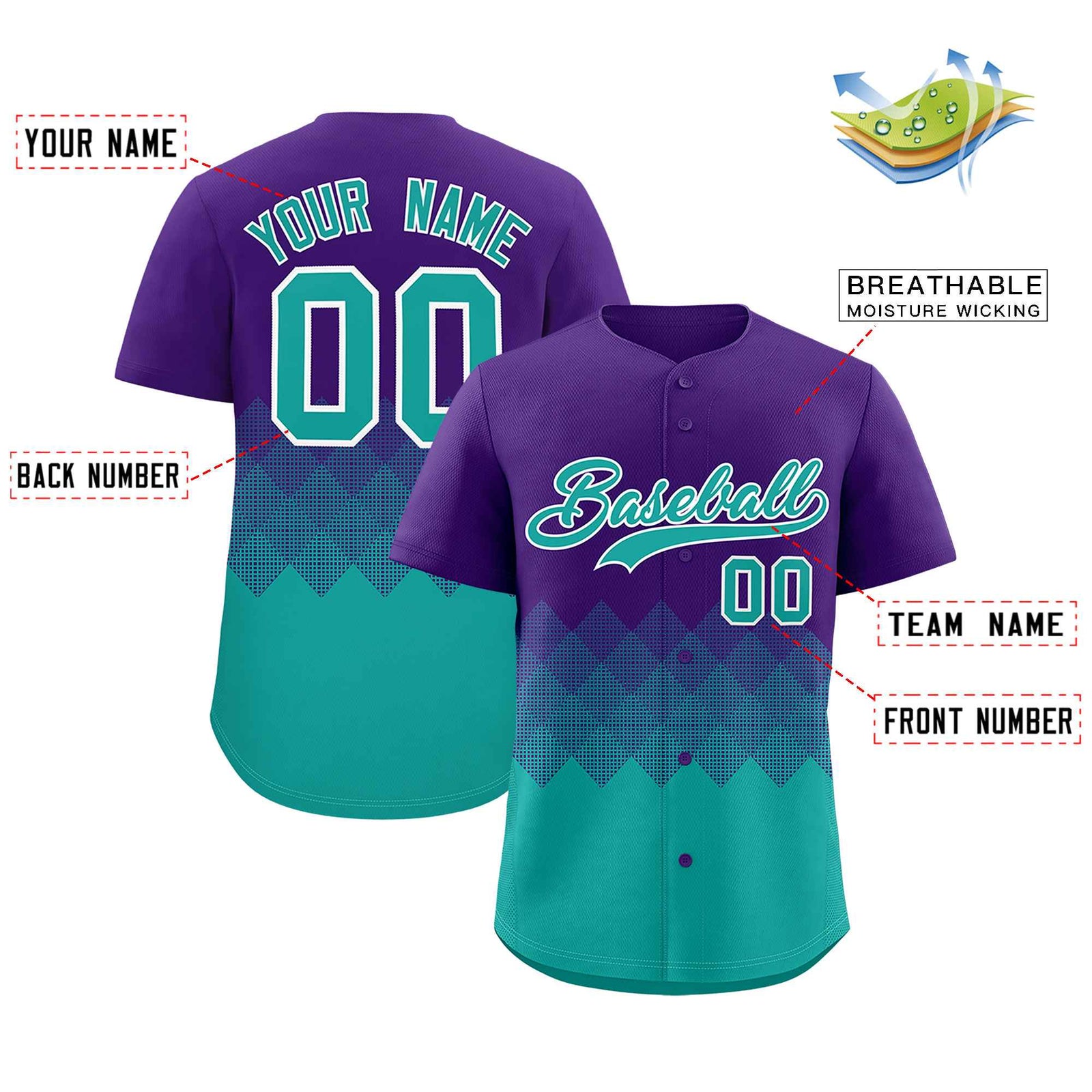 Custom Purple Aqua Grid Blur Pattern Authentic Baseball Jersey