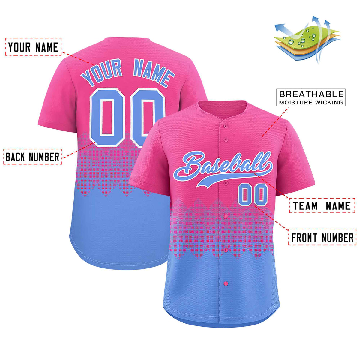 Custom Pink Light Blue Grid Blur Pattern Authentic Baseball Jersey